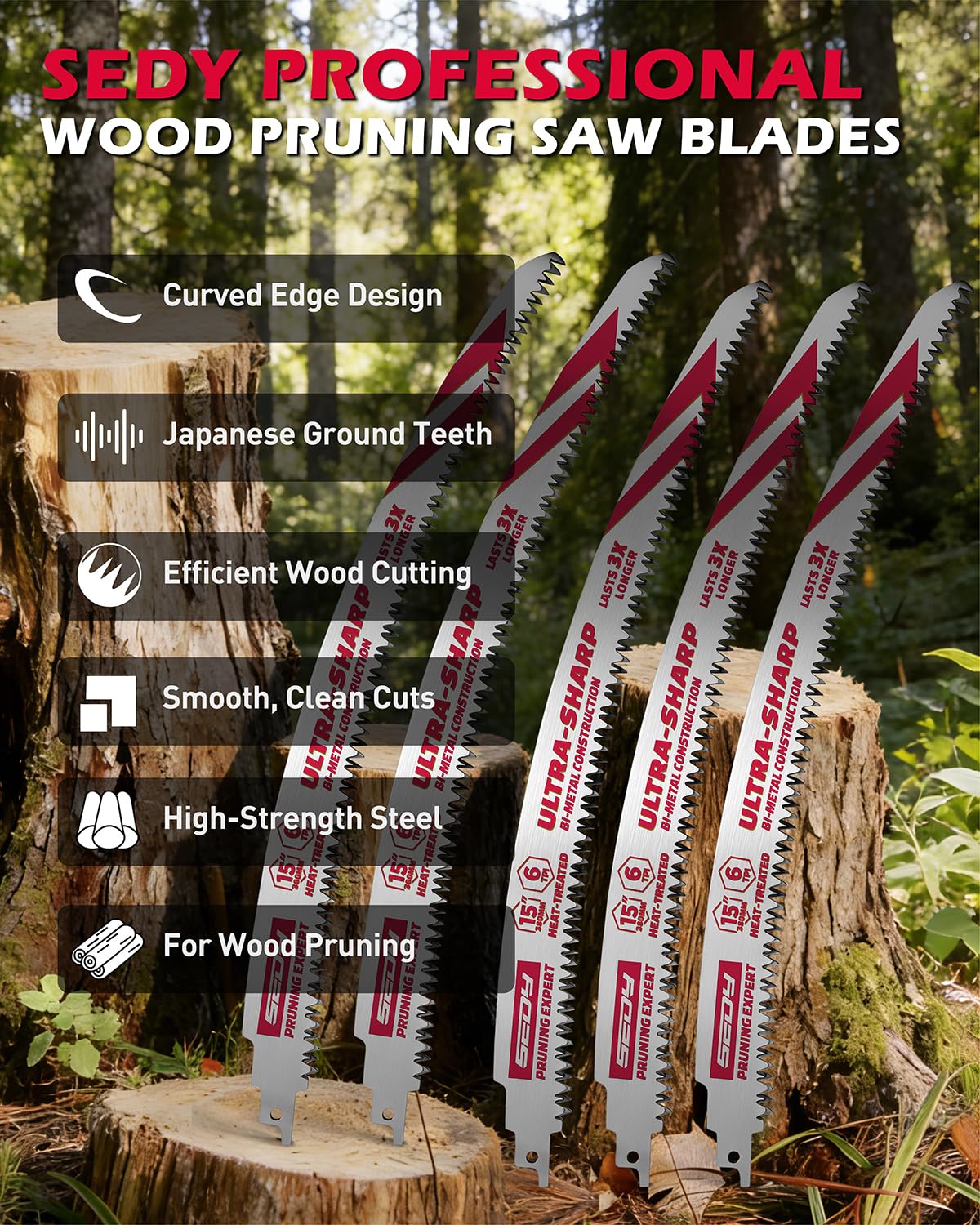 15 Inch Japanese Teeth Reciprocating Saw Blades, 6TPI Arc Edge Wood Pruning Saw Blades Set for Tree Trimming, Wood Cutting, 5 Pack