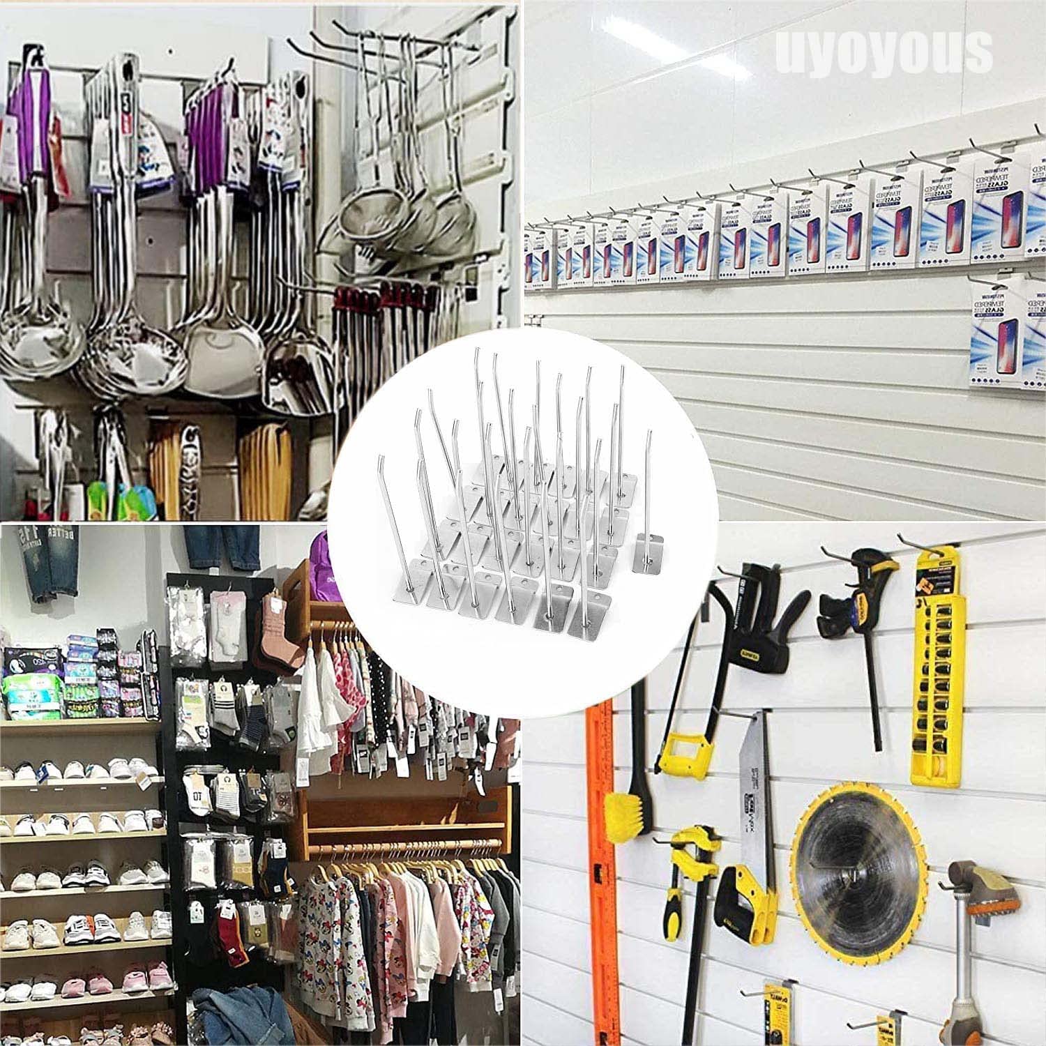 uyoyous Set di 100 ganci da parete per display Slatwall Hake 20 cm, ganci per slatwall, ganci da parete per attrezzi, per pareti lamellari in metallo per garage Retail Store