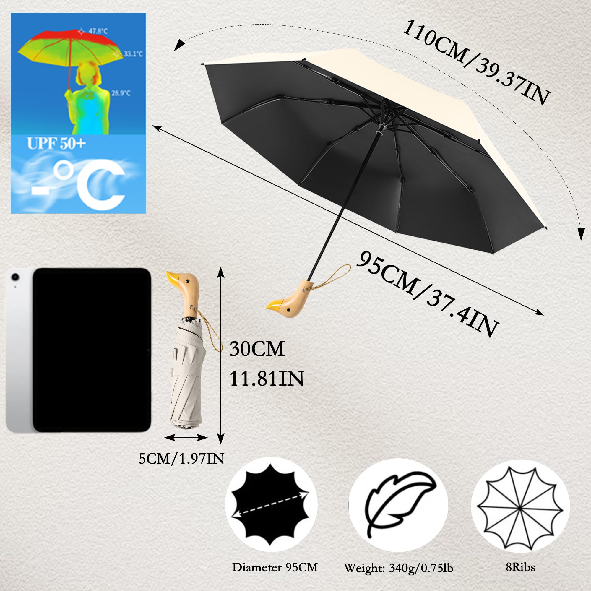 Parapluie Pliant de Voyage avec Poignée en Bois en Forme de Canard Mignon,Pluie/Soleil, UPF 50+, Protection UV, Femmes/Enfants, Sac à Dos/Voiture, Léger, Portable, Robuste et Pliable, 8 Baleines
