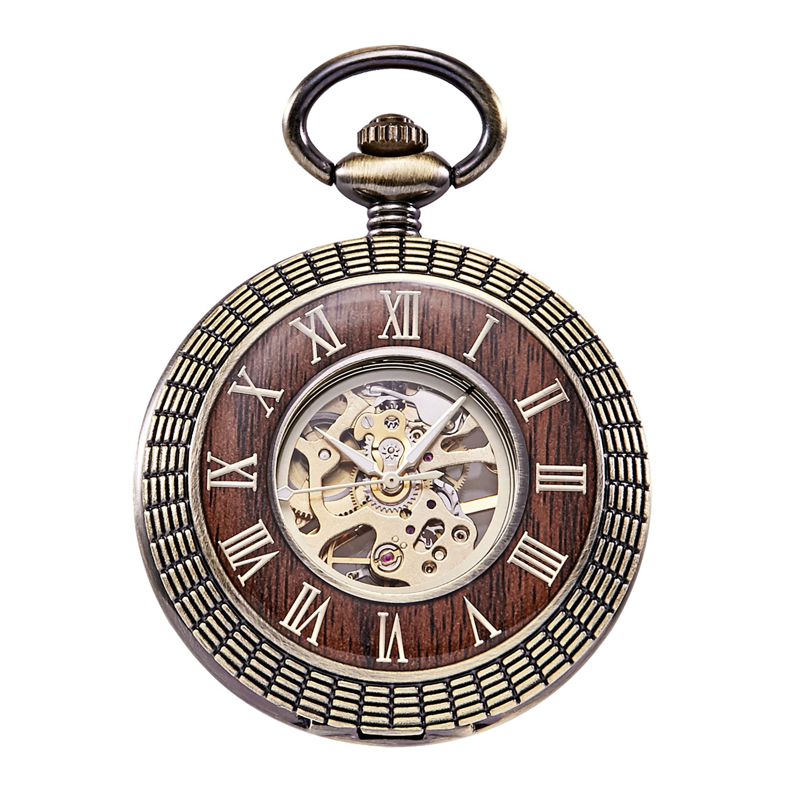TREEWETO Reloj de bolsillo de madera unisex con cadena, analógico, cuerda manual, esqueleto con números romanos (Holz066), Bronce066, Clásico