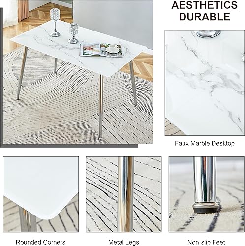 Miniatura 3 de Mesa de comedor rectangular moderna de piedra sinterizada de imitación de 51 pulgadas con mesa de vidrio de 0.3 pulgadas de grosor y patas de metal