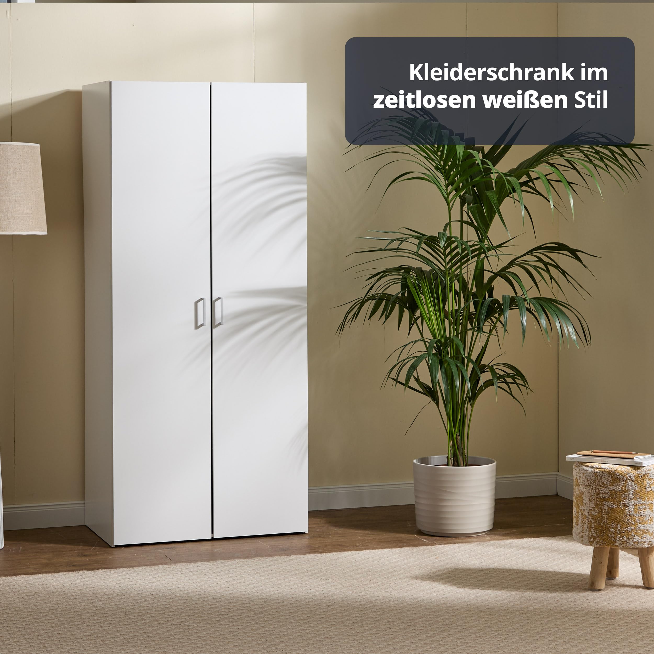 KHG Kleiderschrank weiß 2-türig Drehtürenschrank mit 1 Kleiderstange 2 Einlegeböden Bügelgriffe zeitlos