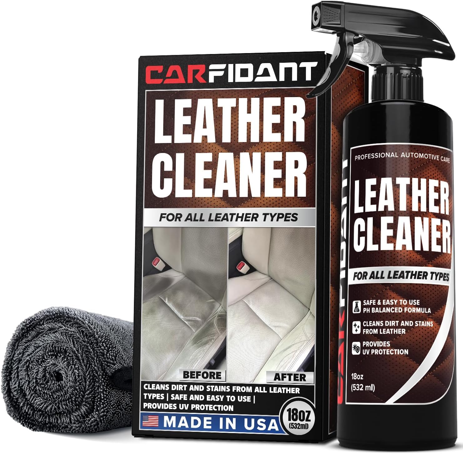 Leather Couch Cleaner - pH Neutral, Non-Toxic & Non-Greasy - Gently Removes Stains & Restores Natural Look - Safe for Car Leather Seats, Interior & Upholstery, Furniture & Sofa - 18 fl. Oz with towel