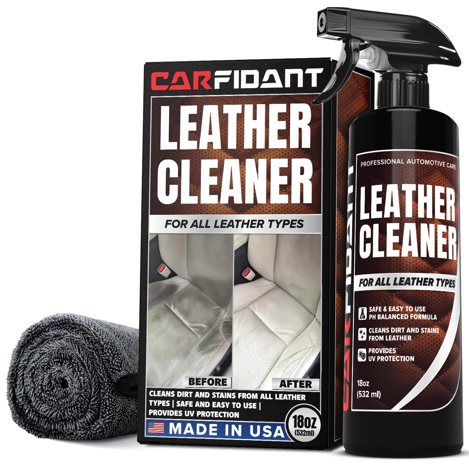Leather Cleaner - pH Neutral, Non-Toxic & Non-Greasy - Gently Removes Stains & Restores Natural Look - Safe for Car Leather Seats, Interior & Upholstery, Furniture, Couch & Sofa - 18 fl. Oz with towel