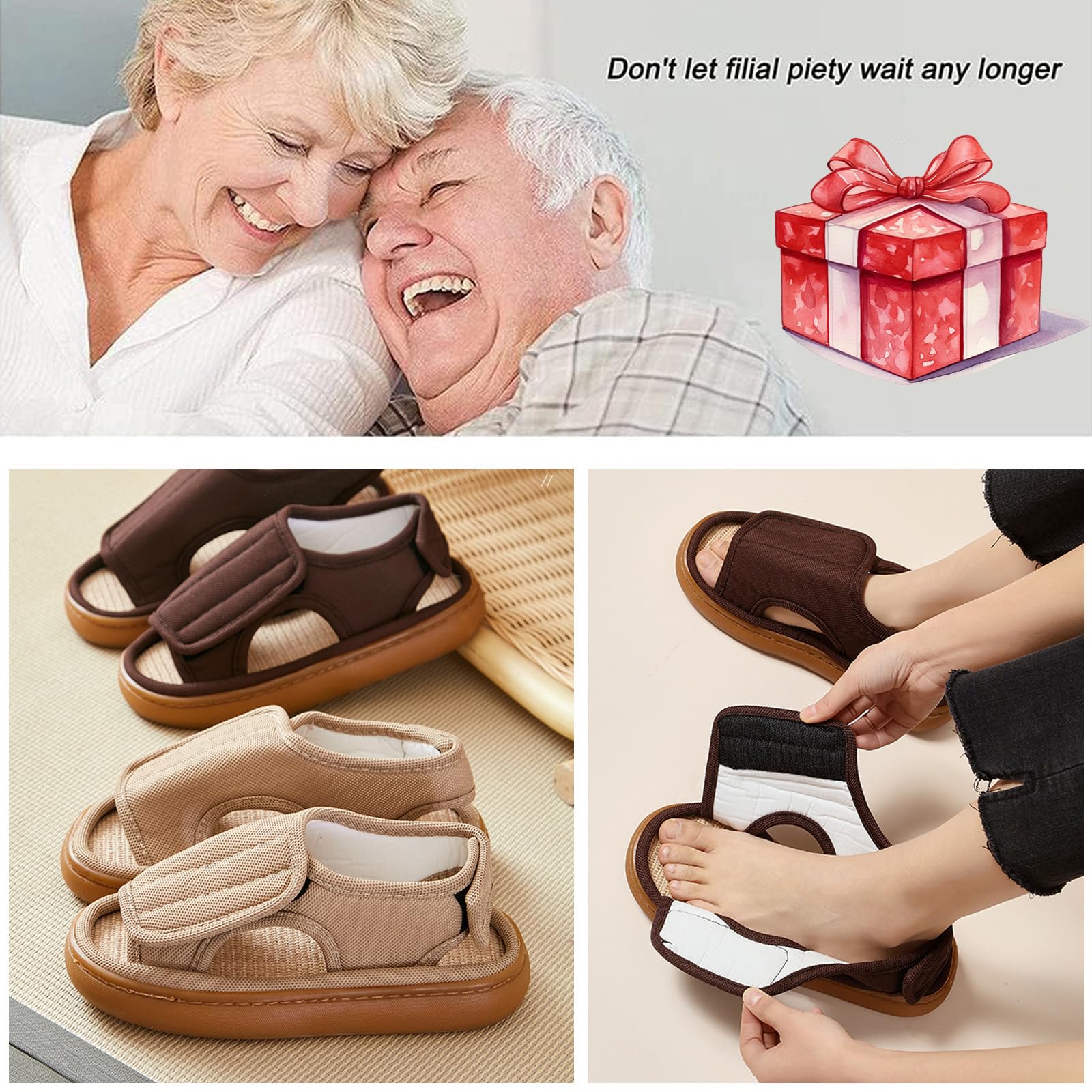 Sandali da donna regolabili per anziani, scarpe traspiranti in lino, suola antiscivolo, per diabetici, interni ed esterni