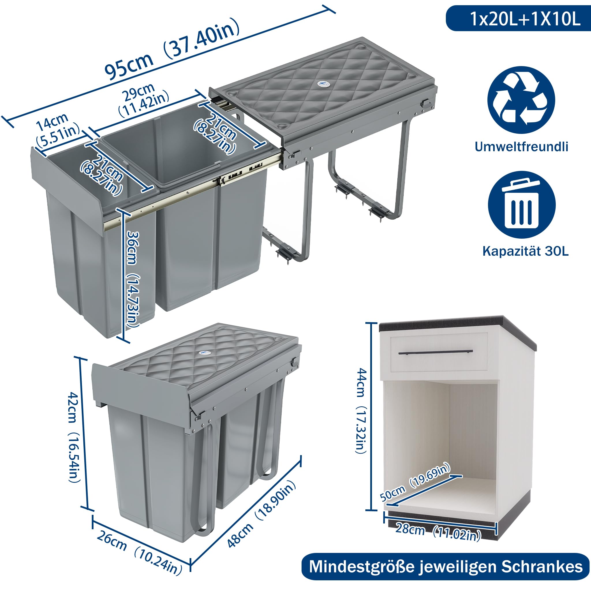 UISEBRT - Cubo de basura de cocina con cajón, cubo de basura empotrado, sistema de separación de basura con tobogán, plástico, gris【1x20L+1x10L】