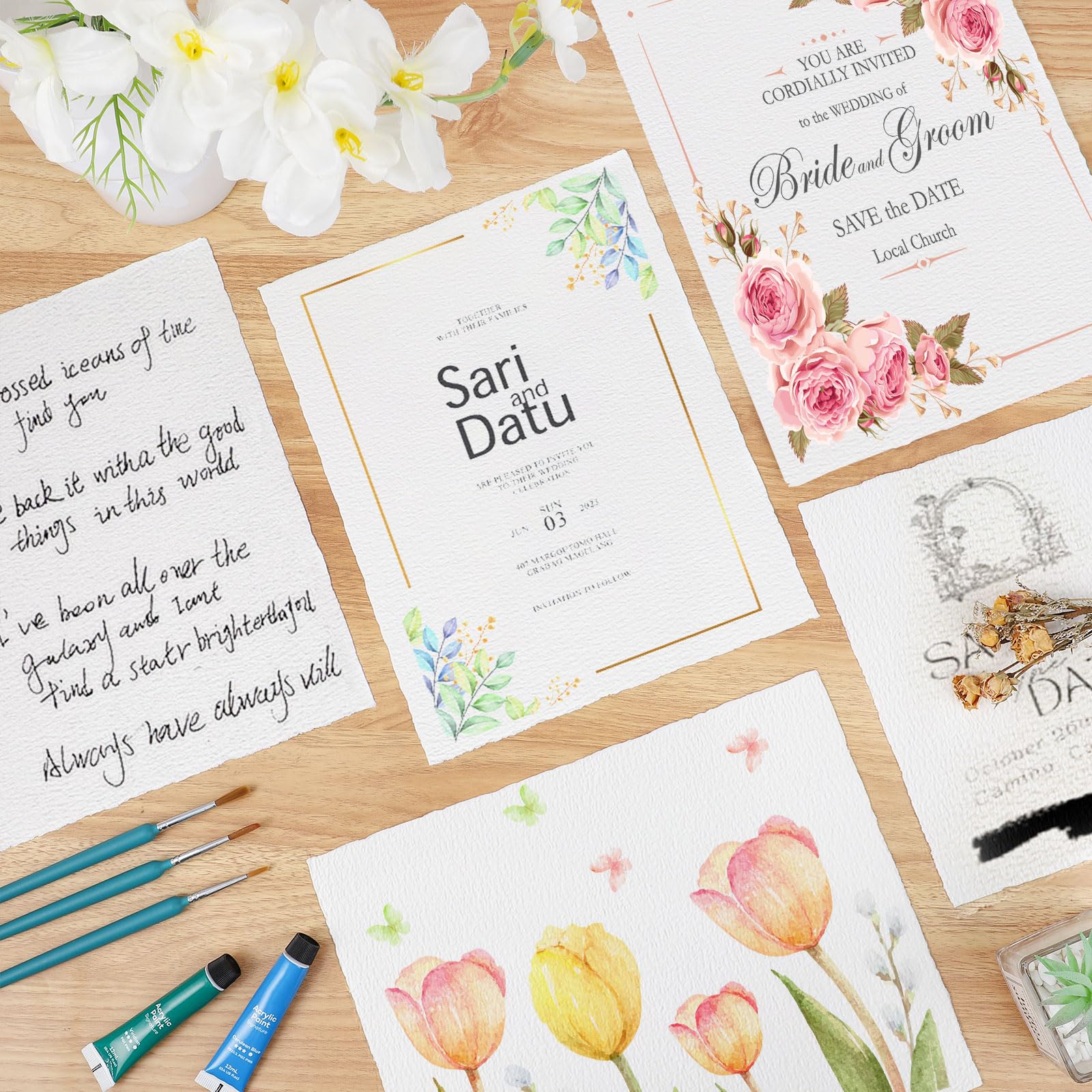 50 hojas de papel de acuarela de 8.5 x 11 pulgadas, papel de borde cubierto de 300 g/m², papel de algodón hecho a mano para acuarelas, invitaciones de boda, tarjetas, manualidades