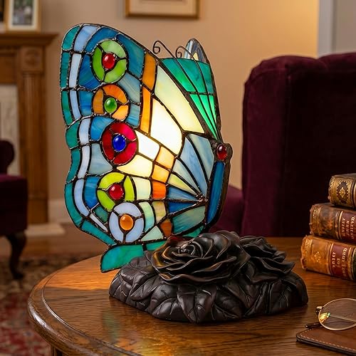 Lavish Home Tiffany Style Butterfly Lamp - Stained Glass Table or Desk Light LED Bulb Included - Colorful Vintage Look Butterfly Décor