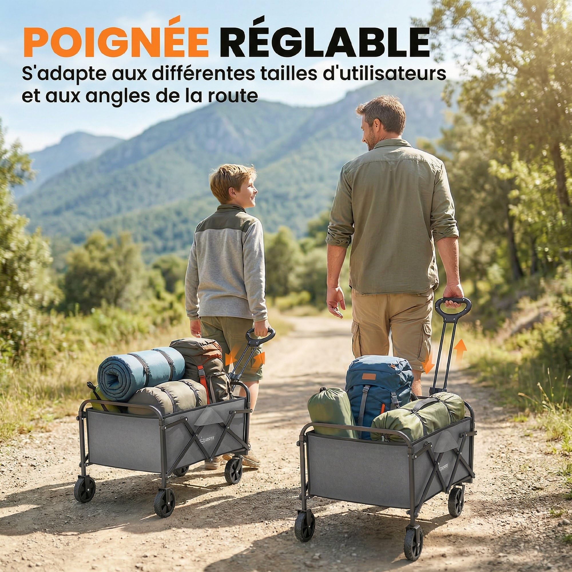 Outsunny Chariot de Jardin Pliable Tout-Terrain - Charrette de Transport Camping 66L Charge 68kg avec Poignée Réglable - Remorque à Main Compacte pour Plage Festival, Gris