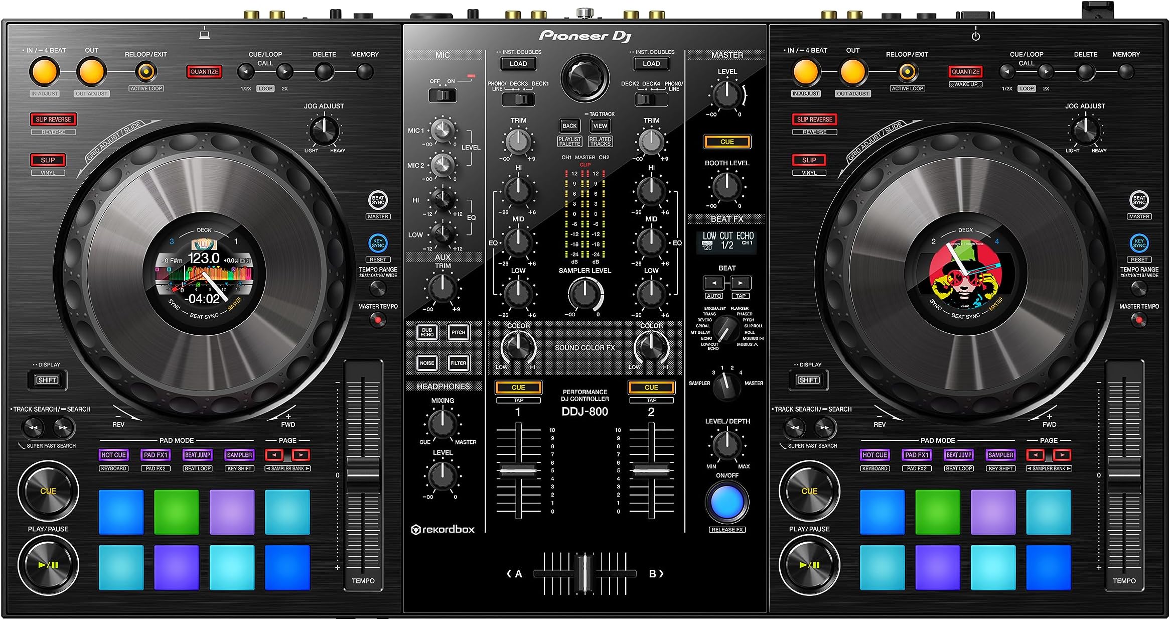The DDJ-800 2-channel DJ controller is a pro DJ setup that’s made to go wherever you do. This portable unit inherits the club-style layout and popular features of the DDJ-1000, including Color On Jog Displays, and packs it all into a lighter body.