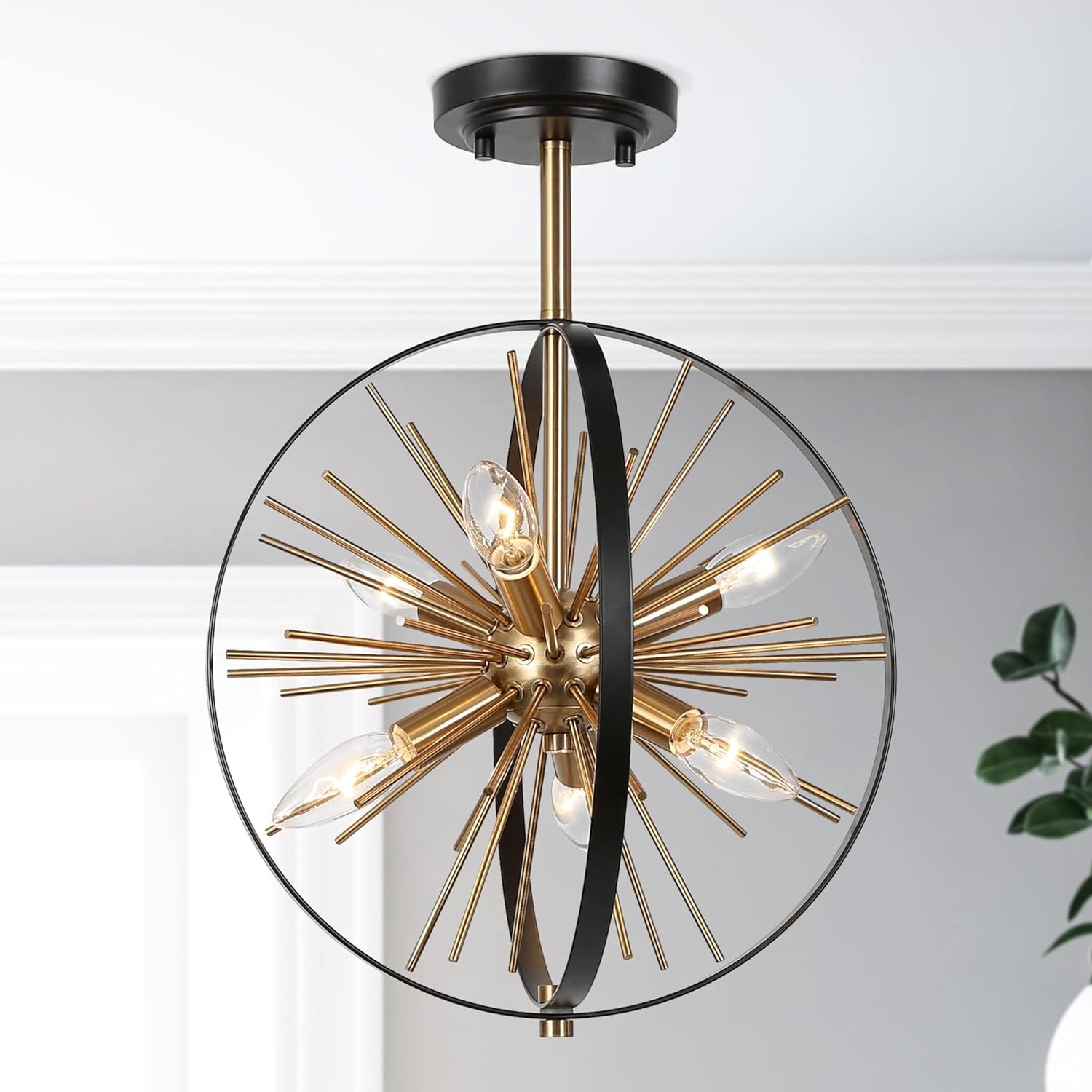KSANA Semi Flush Mount Ceiling Light Fixtures, 6 Light Modern Farmhouse Close to Ceiling Lights Black and Gold Chandelier for Dining Room, Entryway, Hallway, Kitchen