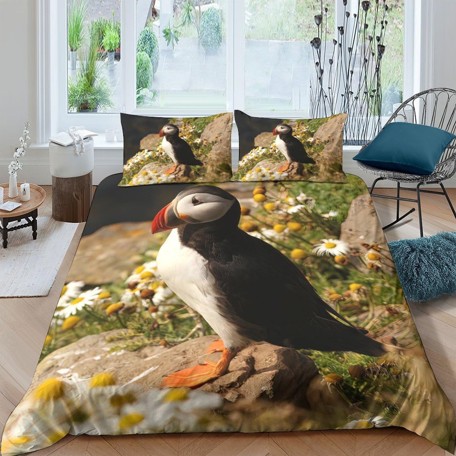 Ctjqhvkz Style-3 3D Printed Puffin Meadow Fitted Sheet Microfiber Soft Anti-Slip Bedroom Decor Seaside Flowers Mattress Cover Single（135X200cm）