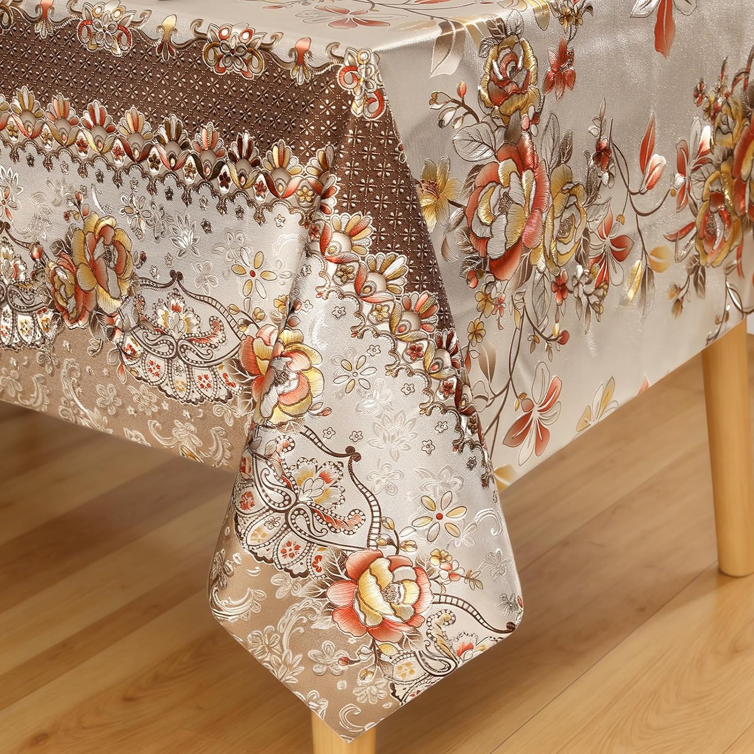 FAVE Peony Gold Tablecloths Vinyl Tablecloth for Kitchen Dining Table Wipeable PVC Tablecloth Cover for Wedding, Banquet, Birthday, Party, Restaurant Decorations(Gold,55”x78”)