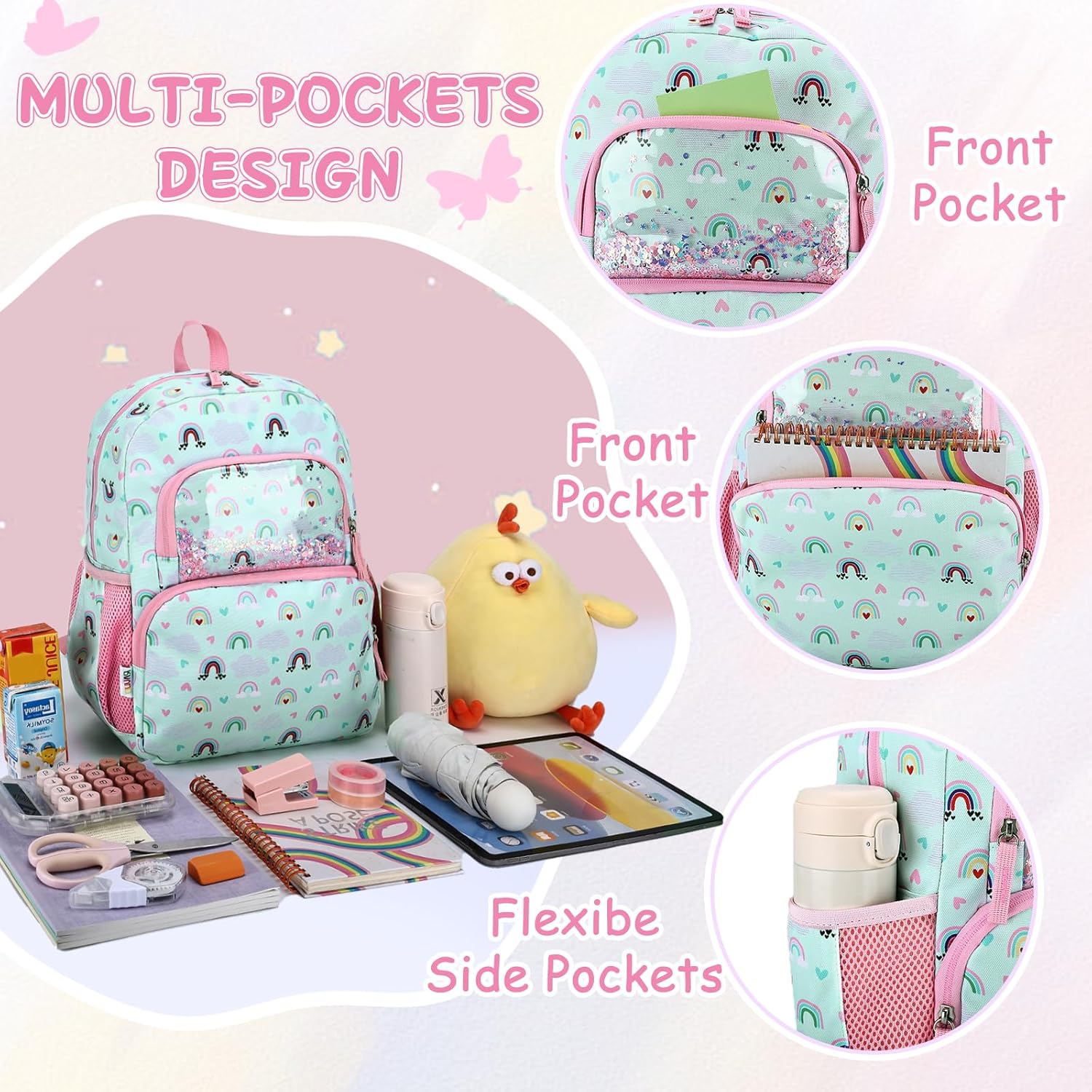 RAVUO Kids Backpack for Girls, Cute Toddler Backpacks for Daycare Kindergarten Elementary Little Girls School Bookbag with Chest Strap,Rainbow - Image 4