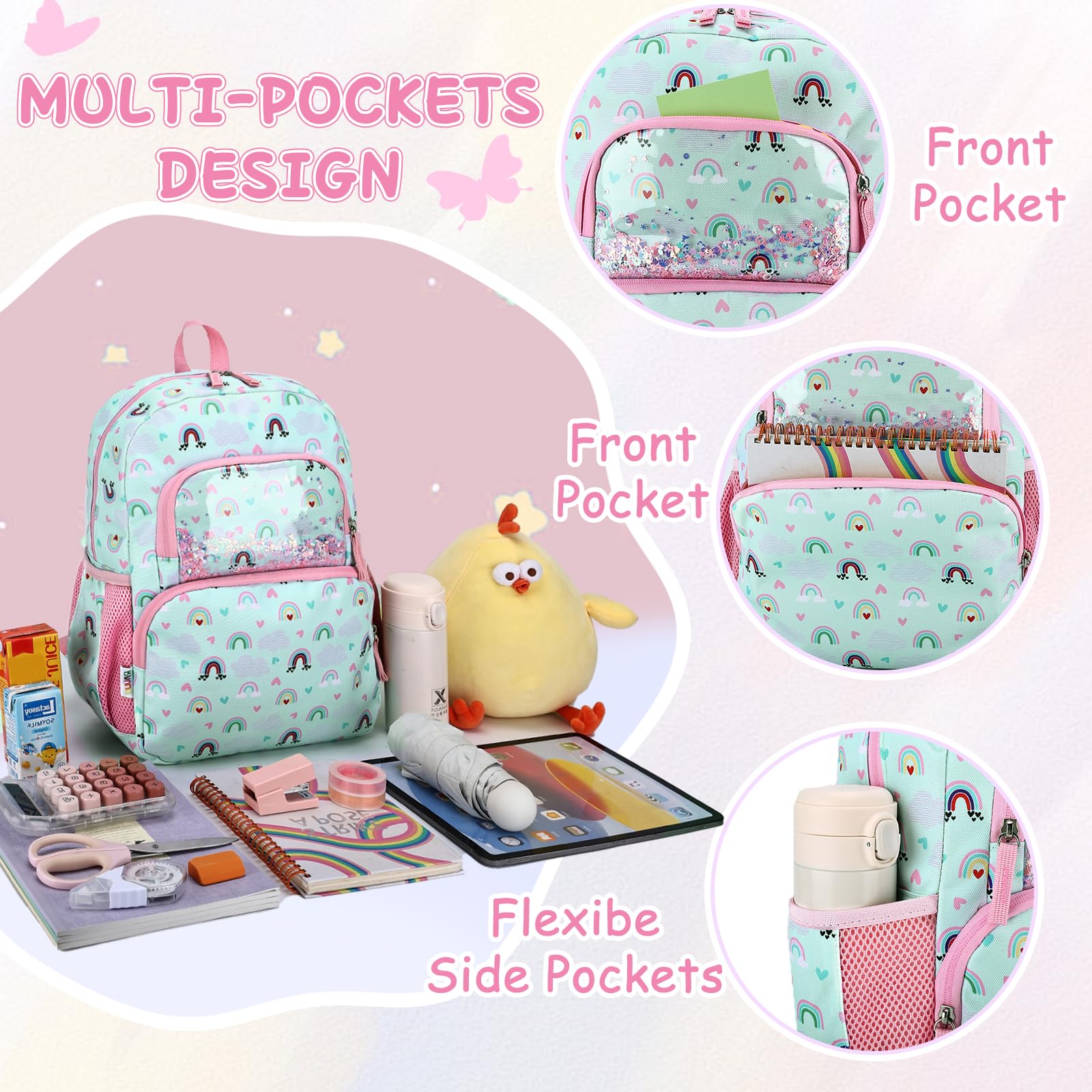 RAVUO Mochila Niña 4-6 Años,12L Mochila Escolar Infantil Impermeable con Correa de Pecho para Guardería y Primaria Arcoíris