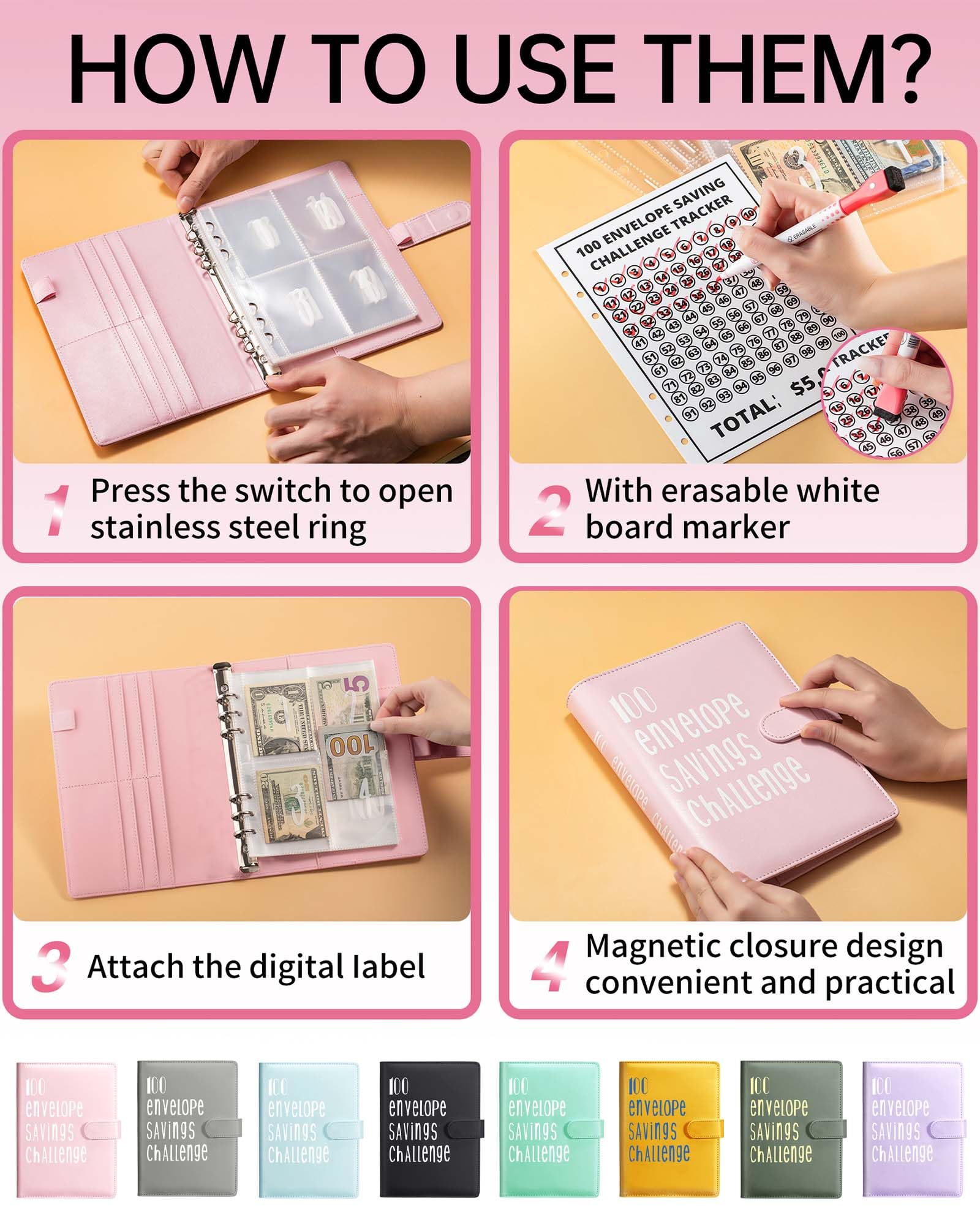 JEJA Savings Challenge, Budget Planner, Savings Book, Saving 5,050 Euros, Budget Sheets, Adhesive Labels, Erasable Pens, Pink - 3