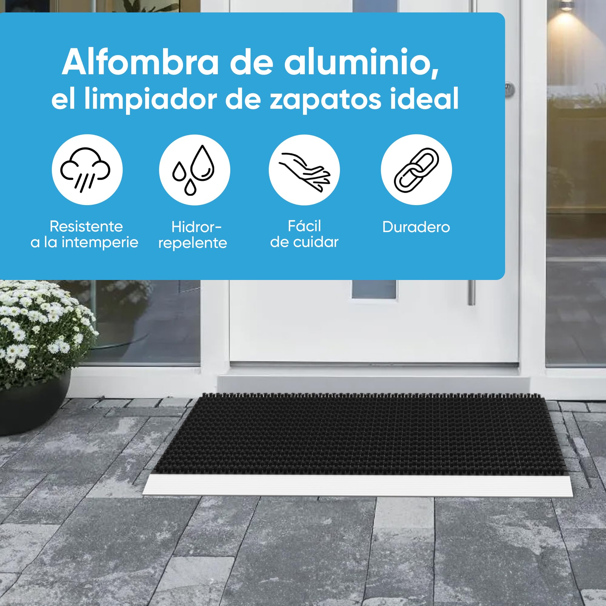 Felpudo entrada casa de aluminio 55 x 90 cm con cepillos negro, alfombra atrapa-suciedad, alfombra entrada casa, felpudo exterior, tapete entrada