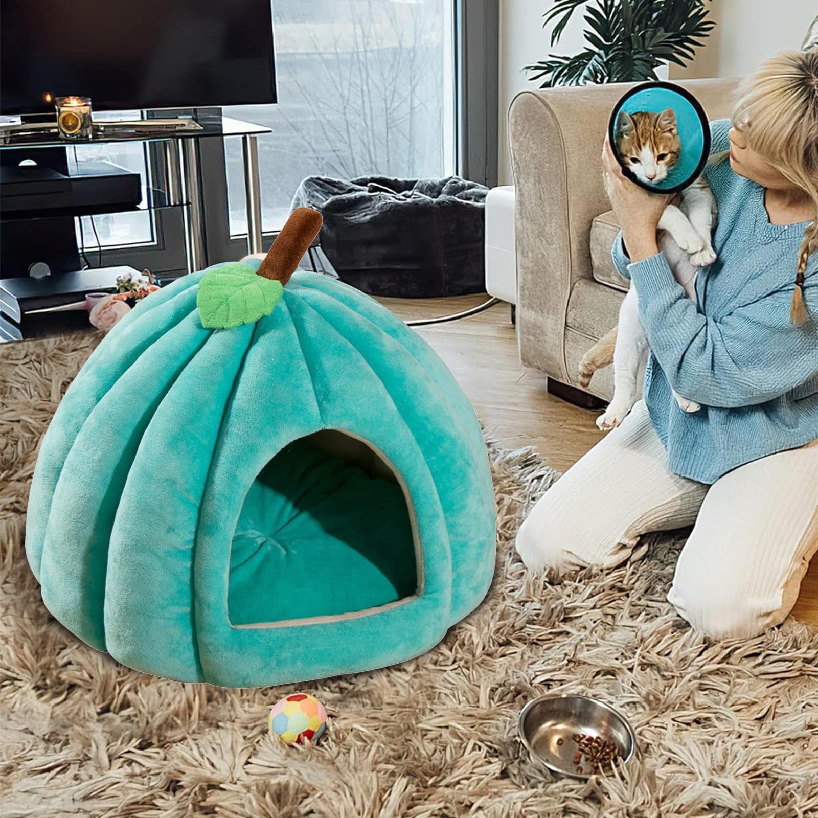 Panier pour Chat Maison Multifonction avec Designs Igloo et Canapé Niche Citrouille et Cachette Intérieure Coussin Détachable pour Chats et Petits Chiens(Blue,Medium)