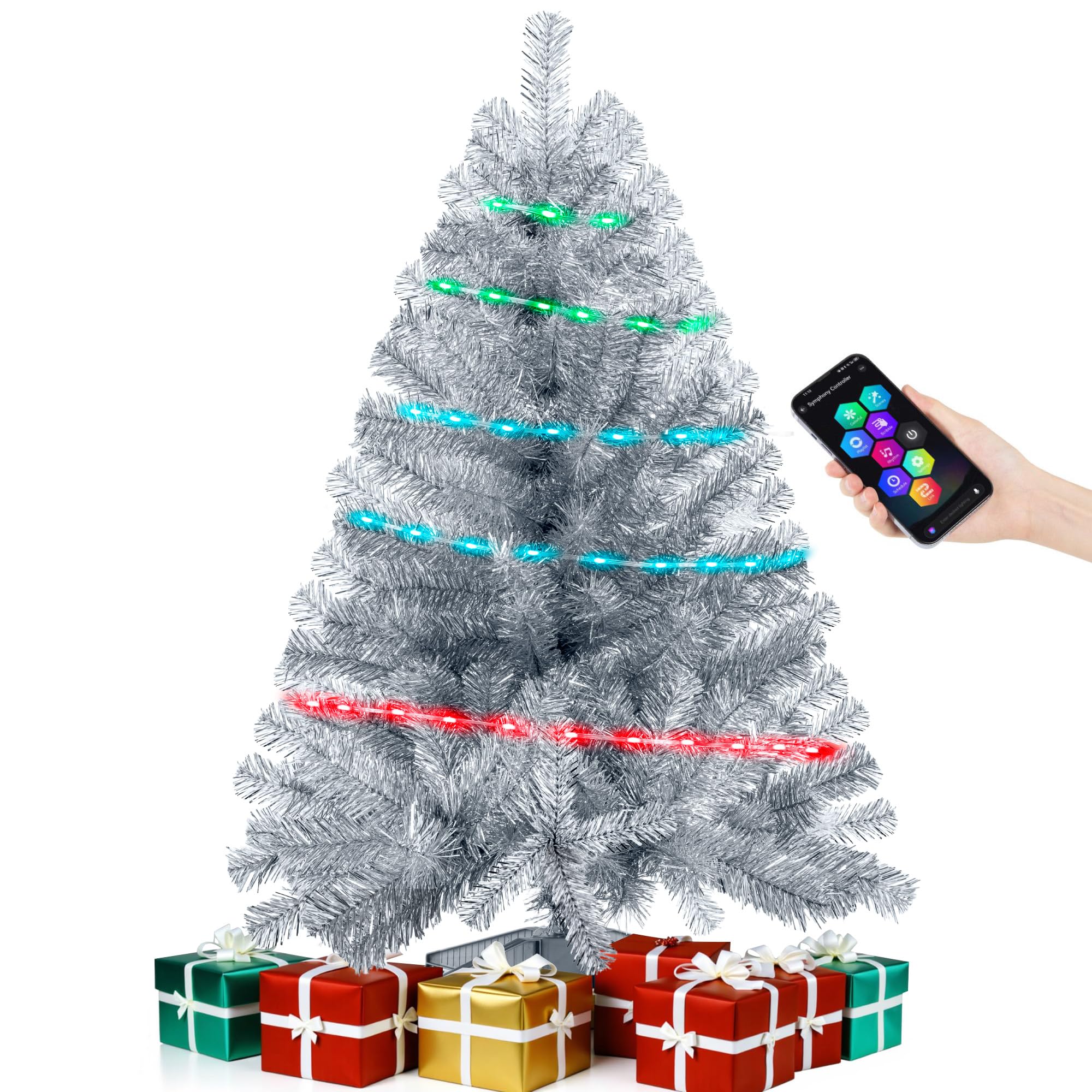 Silvery 3ft Christmas Tree with Lights, Small 36inch Artificial Tree Mini Table Top Decorations, Xmas Desk Tree with 80 Colored Lights, 200 Branch, Holiday Decor for Home,Indoor Office Tabletop
