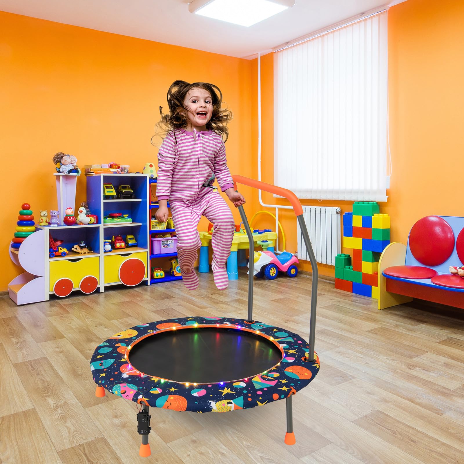 KOMFOTTEU Trampolino Elastico per Bambini dai 3 ai 6 anni, Ø 92 cm, Tappeto Elastico Bambini con Luci a LED, Mini Trampolino da Giardino con Manico e Tappetino di Sicurezza, Portata fino a 25 kg