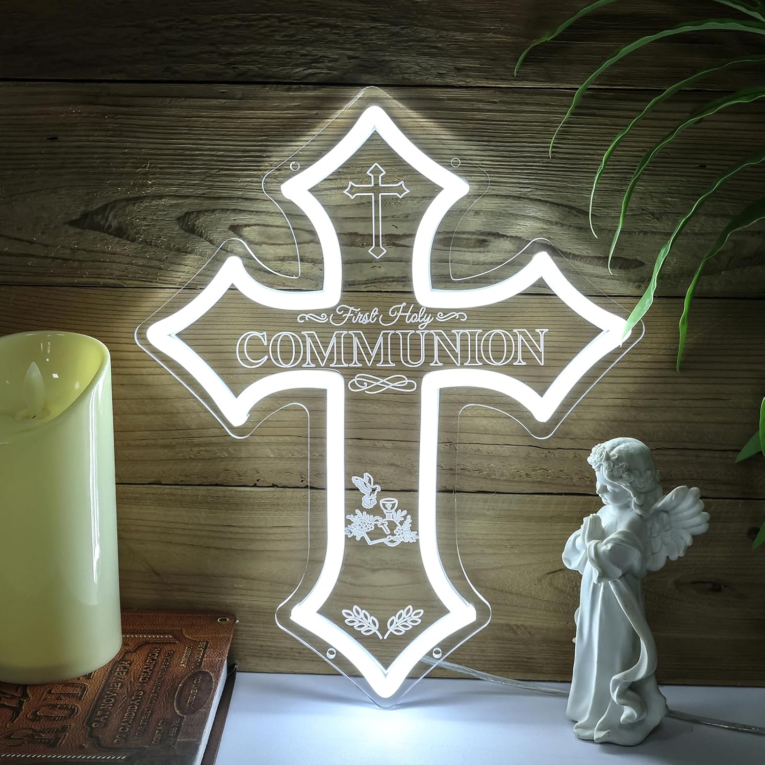 First Holy Communion Neon Signs for Baptism Party, First Holy Communion Neon Light for Balloon Arch Decor, Communion Celebration Light Sign Gift for Baby Shower 1st Birthday 12X9.7in
