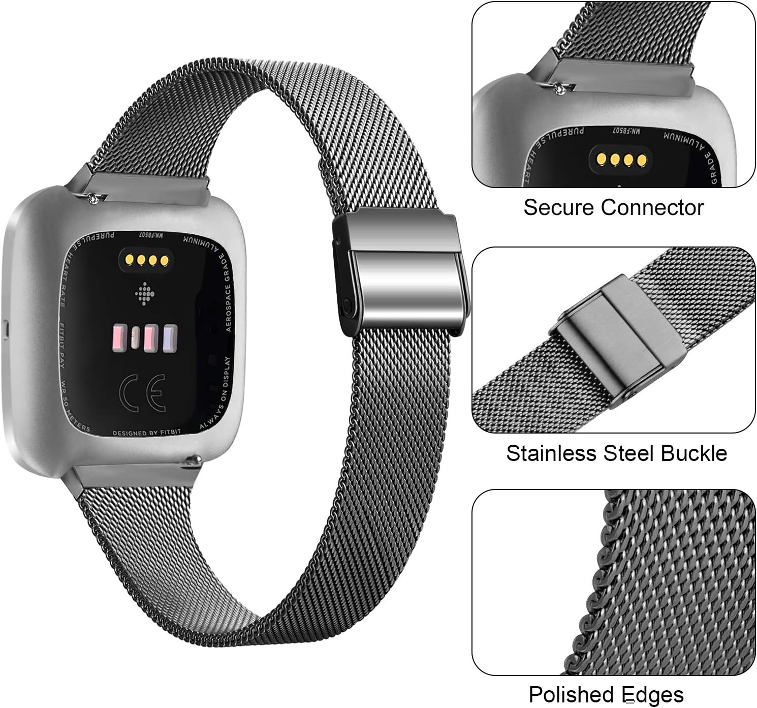 Meliya Metal Slim Bands Compatible for Fitbit Versa 2 / Fitbit Versa/Fitbit Versa Lite, Stainless Steel Metal Clasp Thin Replacement Bands for Women Men (For 6.7"-8.7" wrists, Space Gray)
