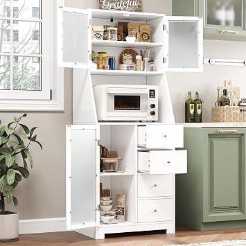 BOTLOG 64 Kitchen Pantry Storage Cabinet, Tall Kitchen Storage Cabinet with Microwave Stand, Hutch Cabinet with Adjustable Shelves, for Dining Room White