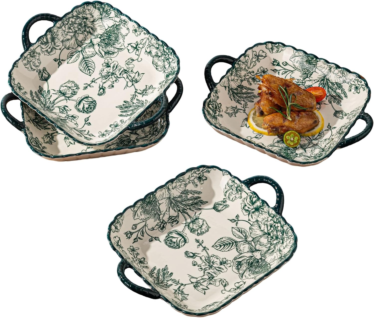 4 Pack Ceramic Platter with Handles, Square plate (green rose)