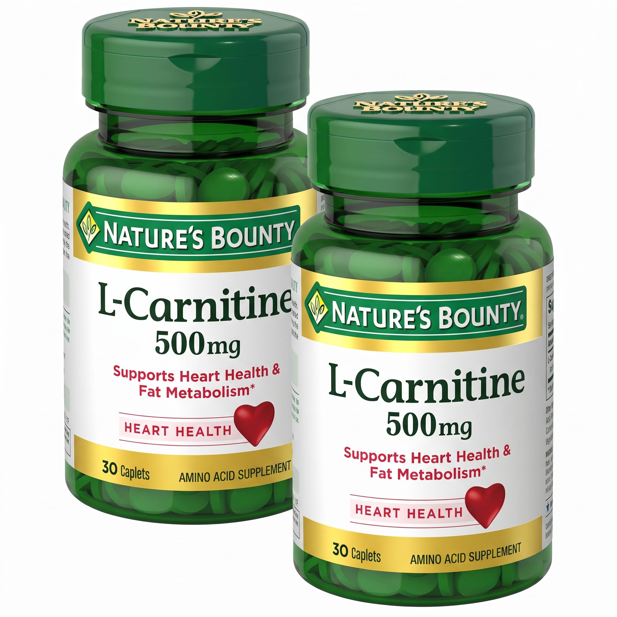 Nature's Bounty L-Carnitine, Supports Heart Health & Fat Metabolism, Amino Acid Supplement, 500 mg, 30 Tablets (Pack of 2)