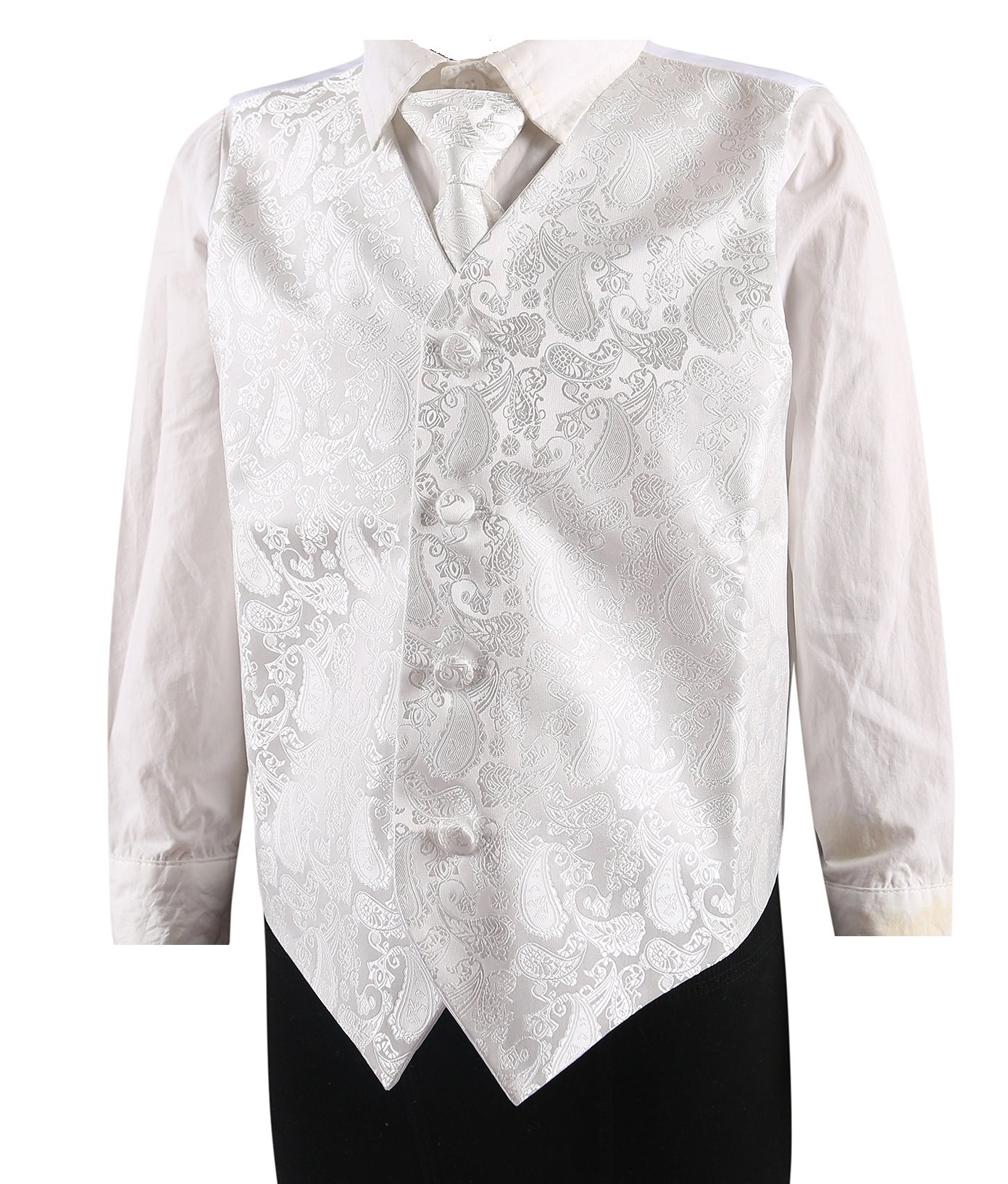 L&L® Kid Children Boy Paisley Design Waistcoat Vest and Tie Handkerchief Set for Suit (13-15 Years Old, Ivory)