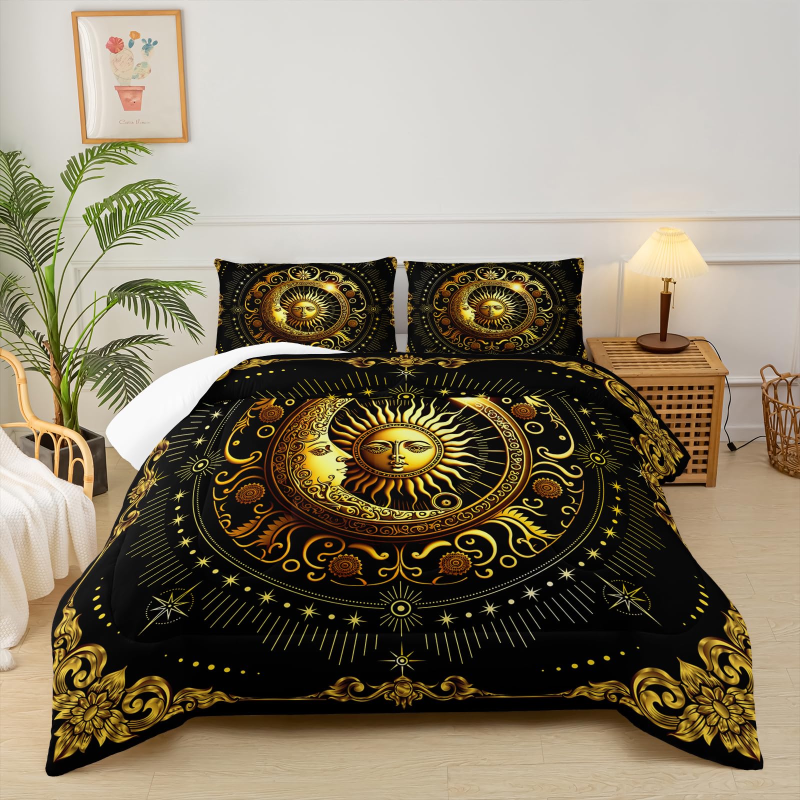 Black and Gold Twin Size Sun and Moon Comforter Set，Quilts Twin Size Bedding Sets Sun Moon，with 1 Comforter with 2 Pillow Case