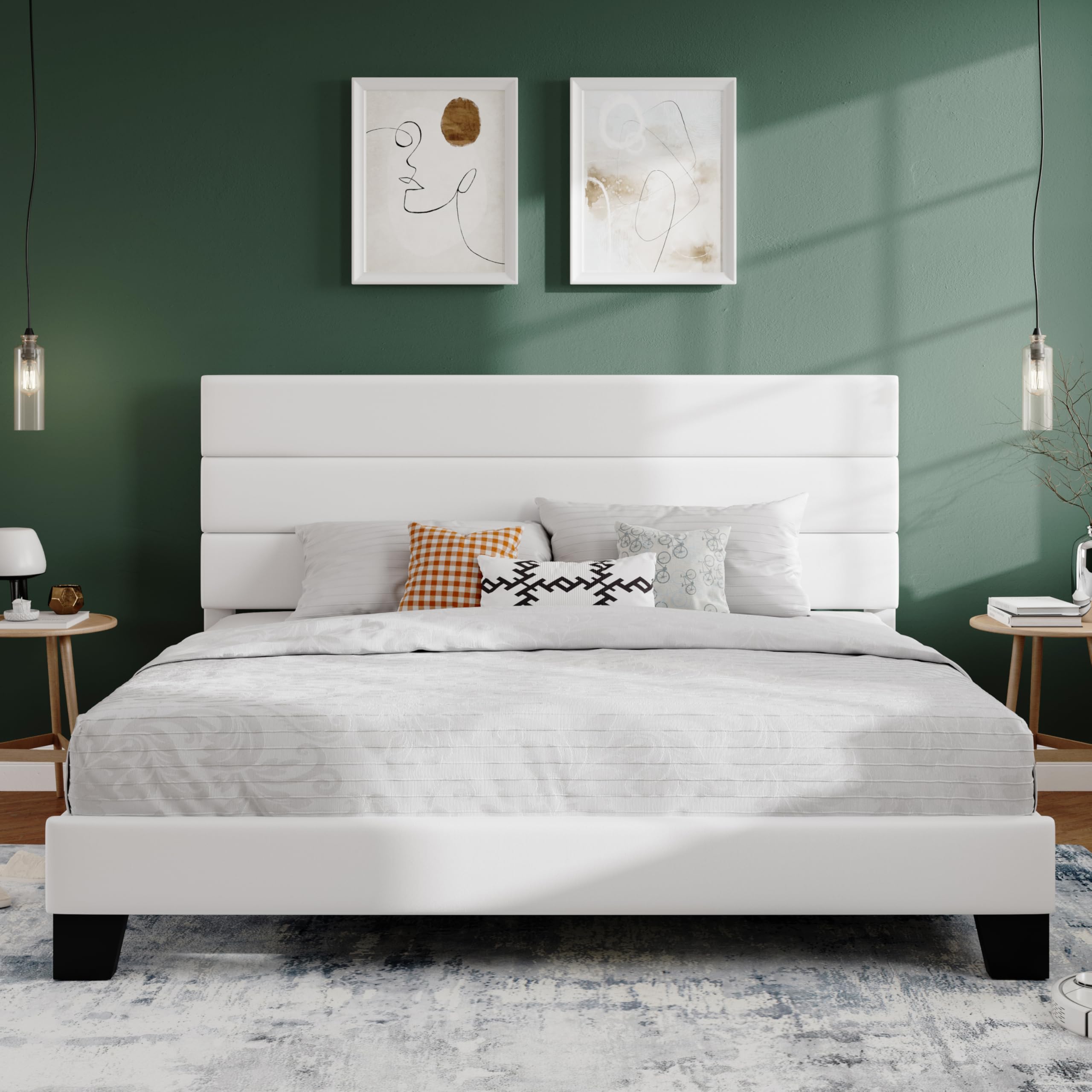 SHA CERLIN King Platform Bed Frame with Velvet Upholstered Headboard, Mattress Foundation with Strong Wooden Slats Support, No Box Spring Needed,