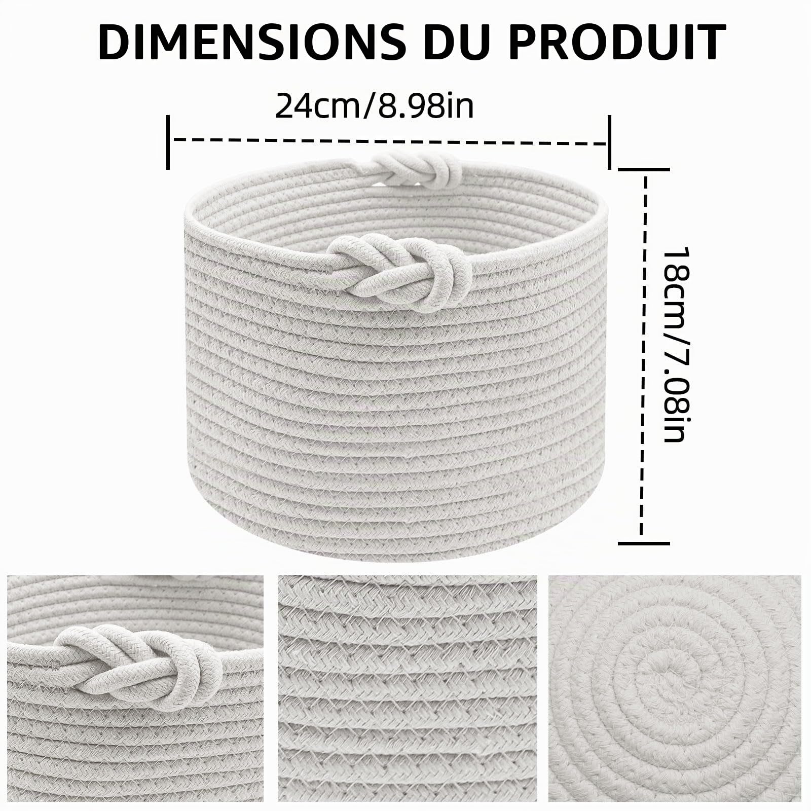 Panier Rangement, Panier de Rangement Tressés en Coton pour Chambre d'Enfant,Bain,Chambre, D 24 x H 18 cm (Blanc)