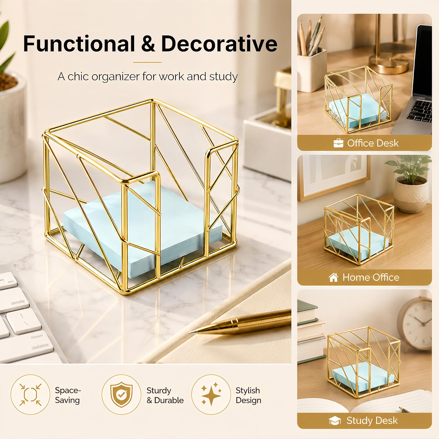Gold Metal Sticky Note Holder - Memo Pad Organizer for Standard 3 x 3 Inches Sticky Notes, Desktop Accessory for Office and Home