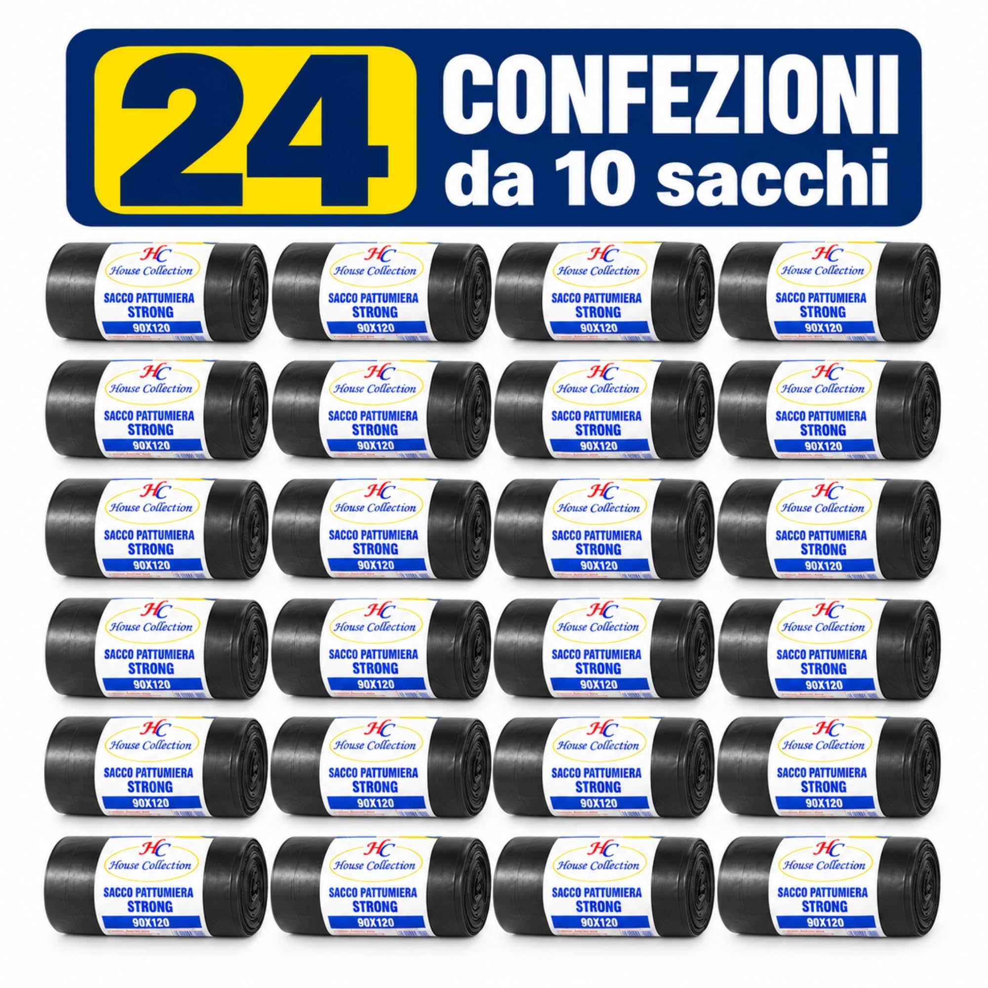 HOUSE COLLECTION 24 ROTOLI DA 10 SACCHI CIASCUNO PER PATTUMIERA DIFFERENZIATA, EXTRA RESISTENTI COLORE NERO 90X120cm, NUMERO TOTALE 240 SACCHETTI (HSC1242)