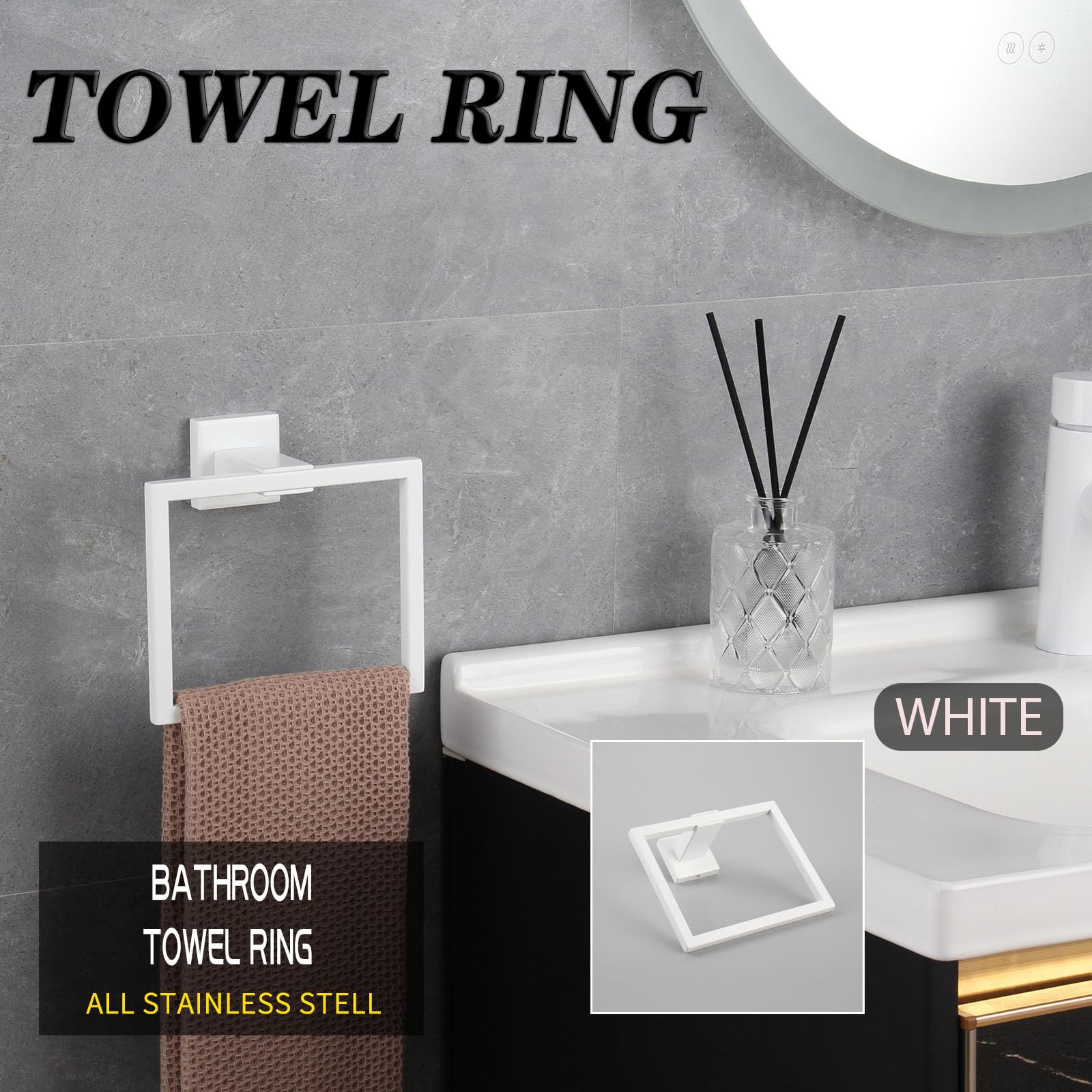 GERZWY 2-teiliges Badezimmer-Hardware-Set, Handtuchring und Toilettenpapierhalter, SUS 304 Edelstahl, Wandmontage, Weiß