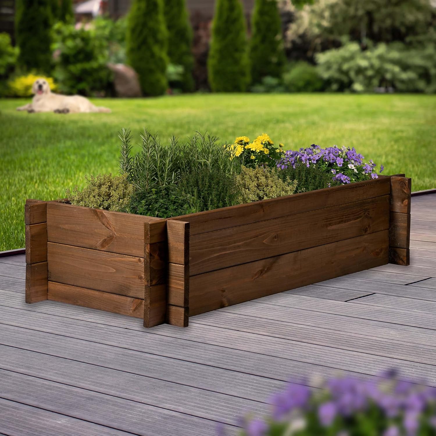 dobar® Raised Bed Solid Wood Plug-in System Size M Stackable Plant Box with Plant Film 117 x 58.5 x 27.5 cm Dark Brown