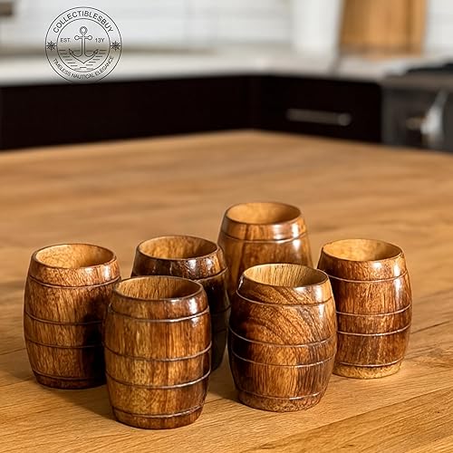 Miniatura 2 de collectiblesBuy Juego de 6 tazas de madera de mango hechas a mano, con forma de barril, para té, café, cerveza, vino, portátil, camping, viajes,