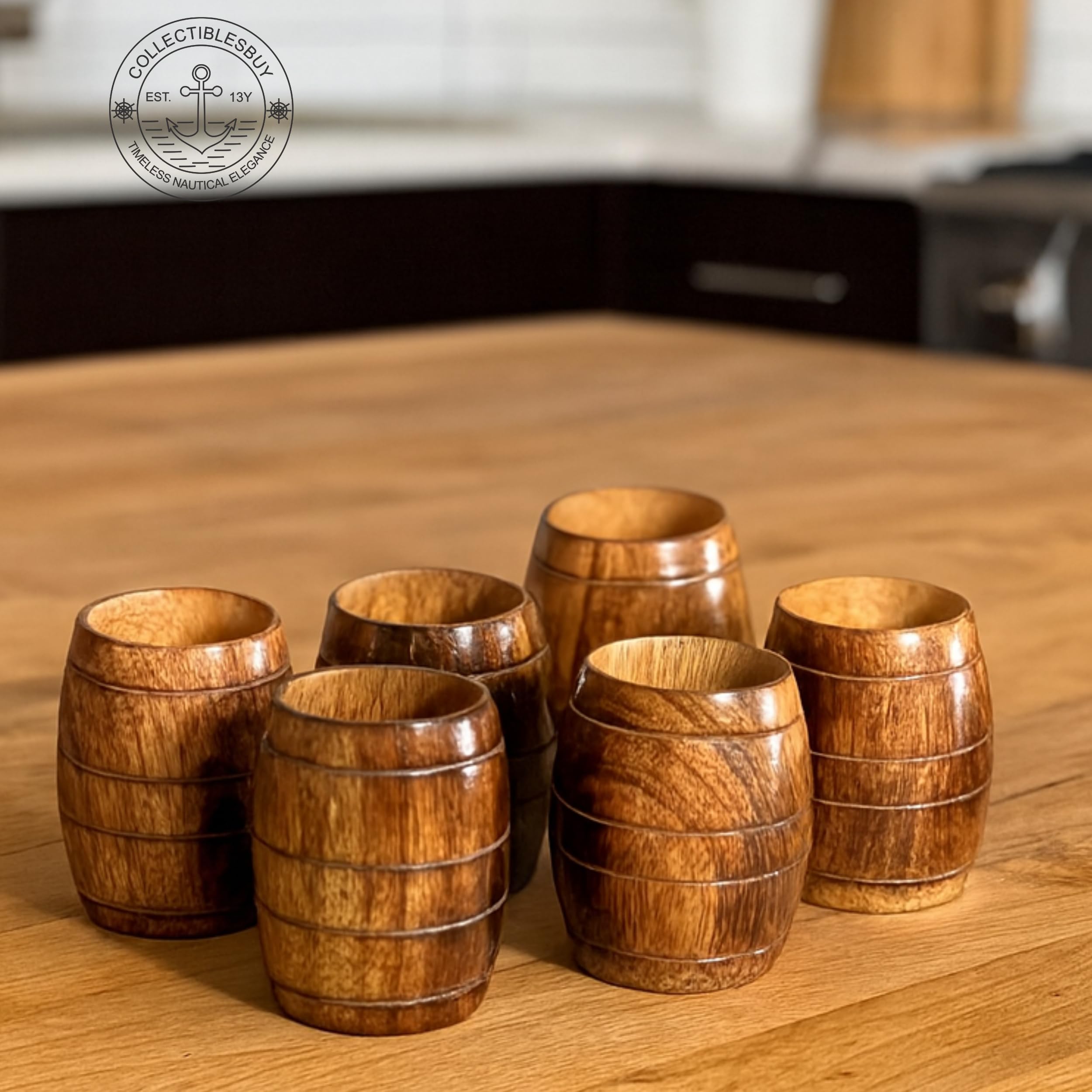 collectiblesBuy Handgefertigte Mangoholzbecher Set mit 6 Stück für Tee aus Holz, fassförmig, Bierkrug, Kaffeebecher, klein, Reisen, Camping, Trinken, tragbarer Becher für Männer, Weinbecher, Bierkrug,