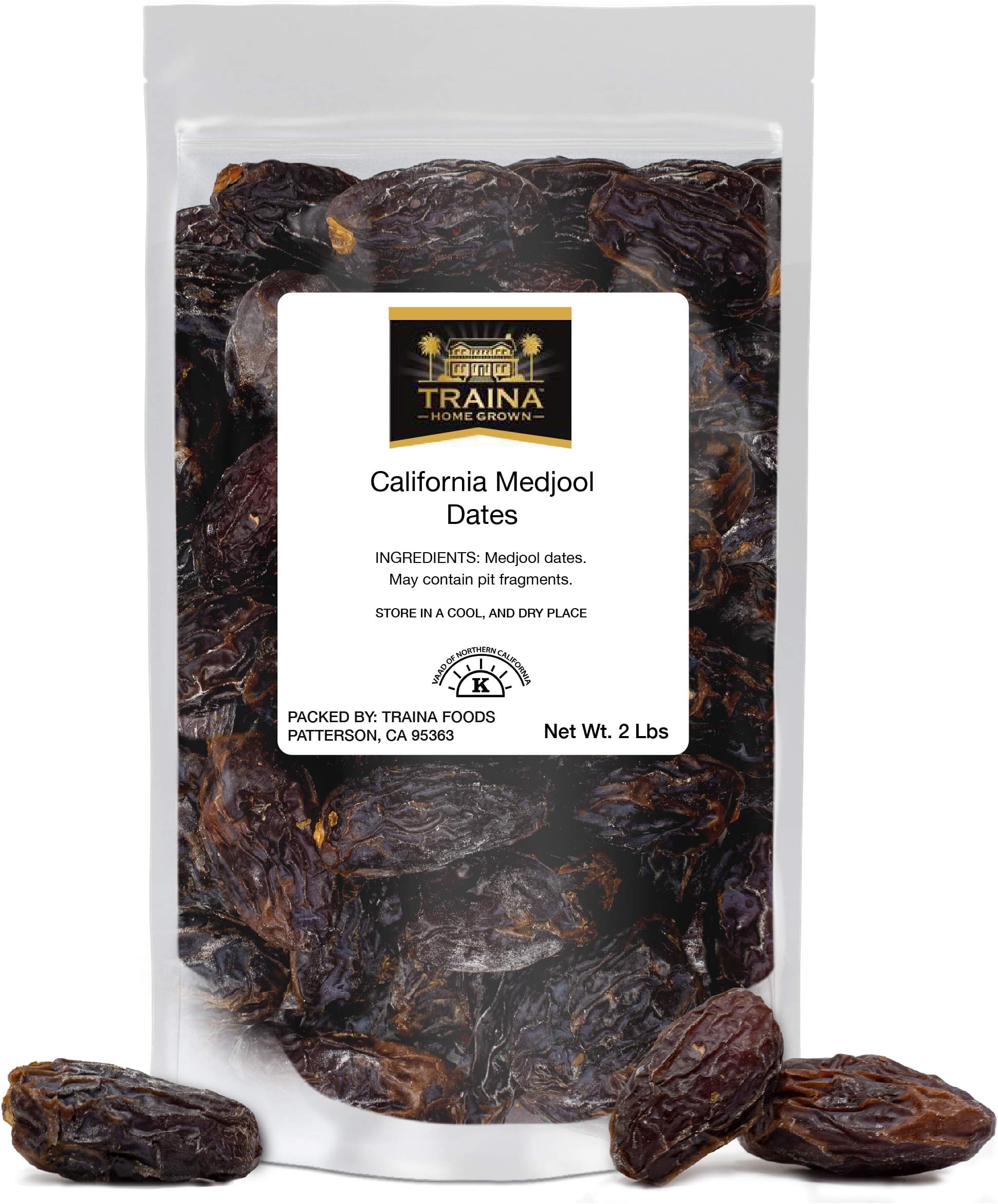 Traina Home Grown California Sun Dried California Medjool Dates - Healthy, No Added Sugar, Non GMO, Gluten Free, Kosher Certified, Vegan, Packed in Resealable Pouch (2 lbs)