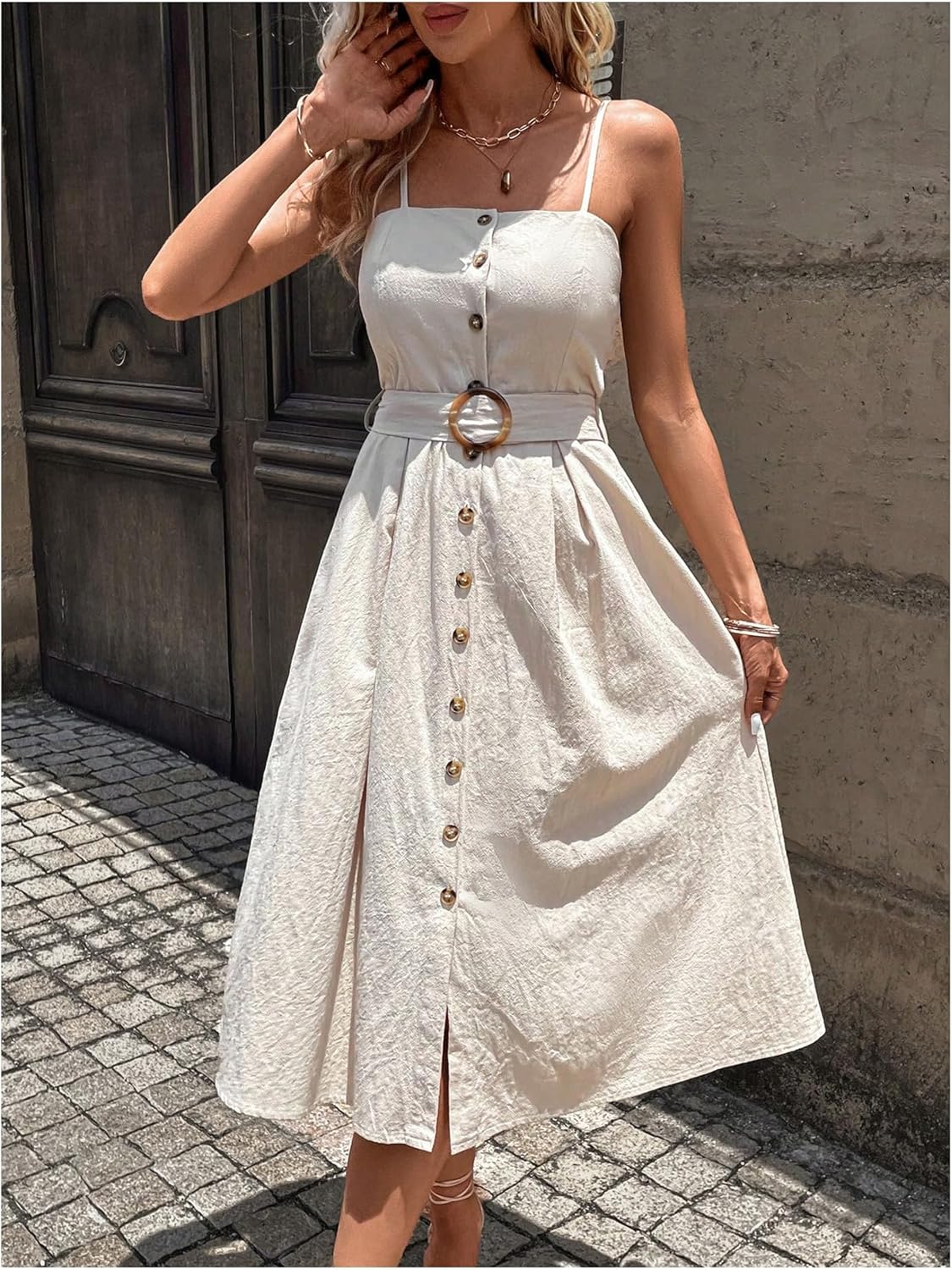 MakeMeChic Women's Summer Cami Dress Button Down A Line Flare Midi Sundress with Belt - Image 5