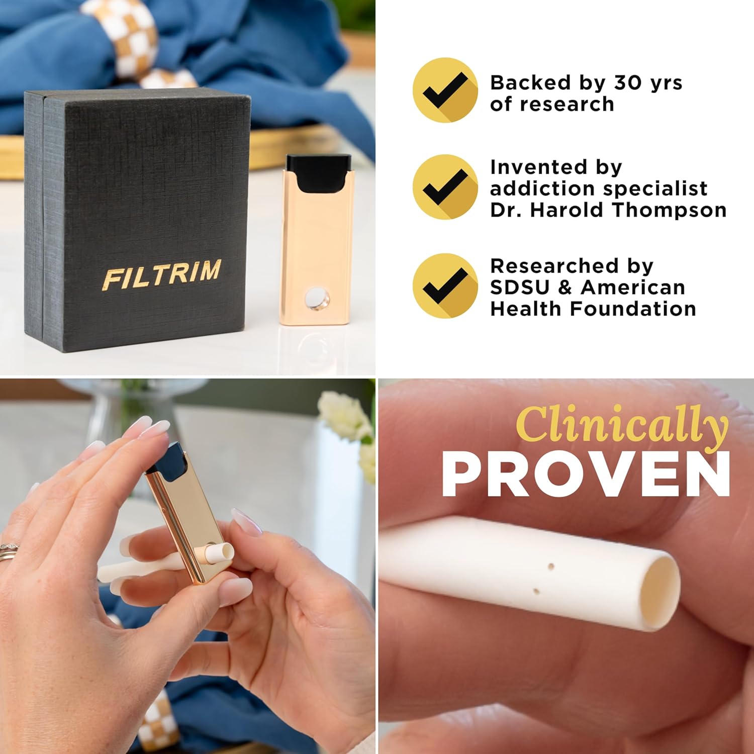 Stop Smoking Aid that Works, Quit Smoking in Just 8 Weeks, Compact Advanced Smoking Cessation Product & Quit Smoking Tool by Filtrim, Gold Finish (2.5 x 1.2 x 0.3 Inches)
