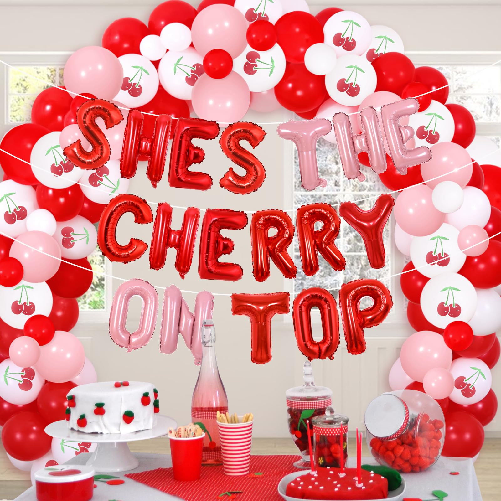 Cake Topper Set Cherry Party Decorations Set - Banner, Balloons & Cake ...