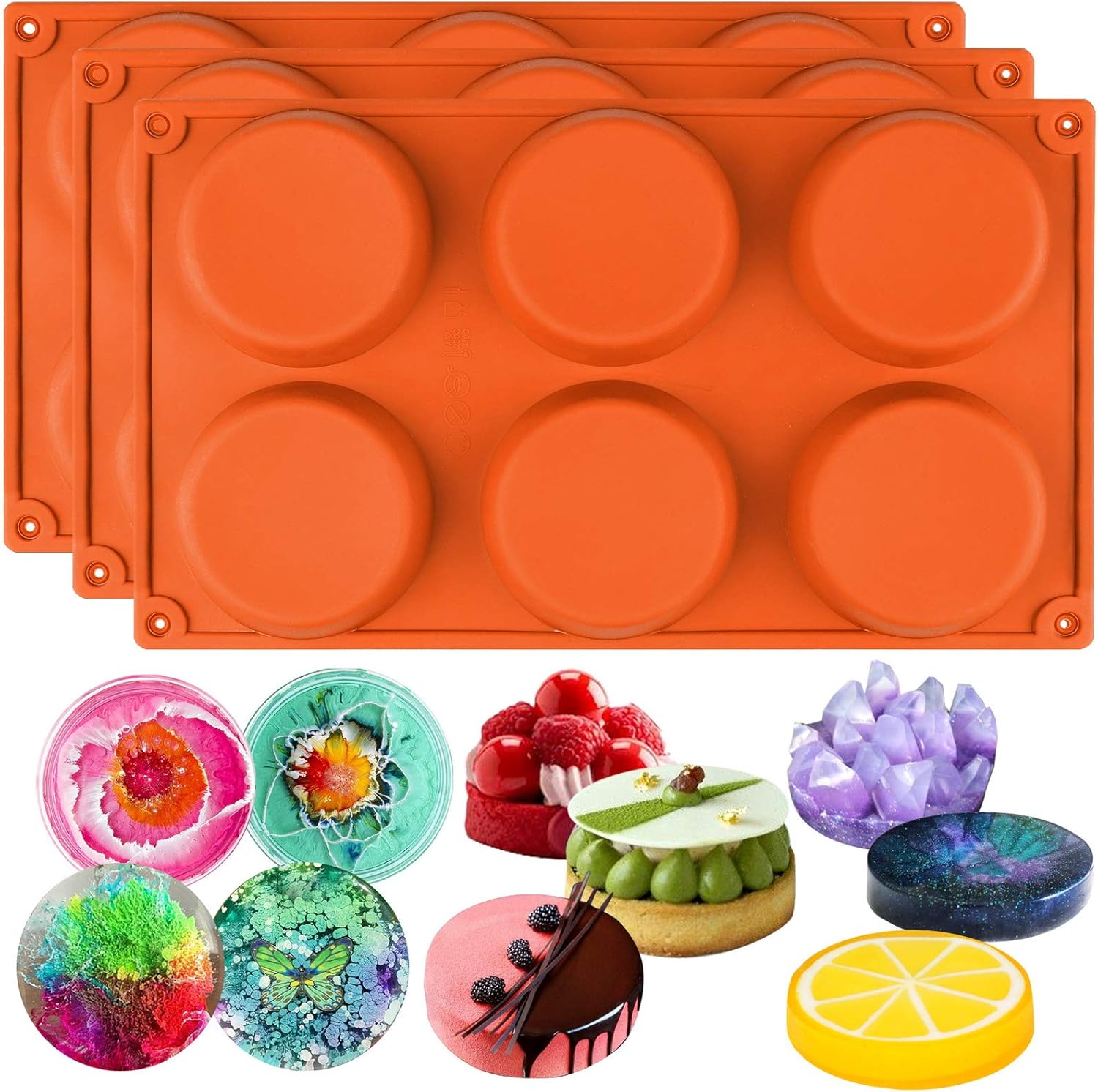 Funshowcase Disc Silicone Molds for Resin Coaster Cake Pie Custard Tart, Mini Taper 6-Cavity, 3-Bundle