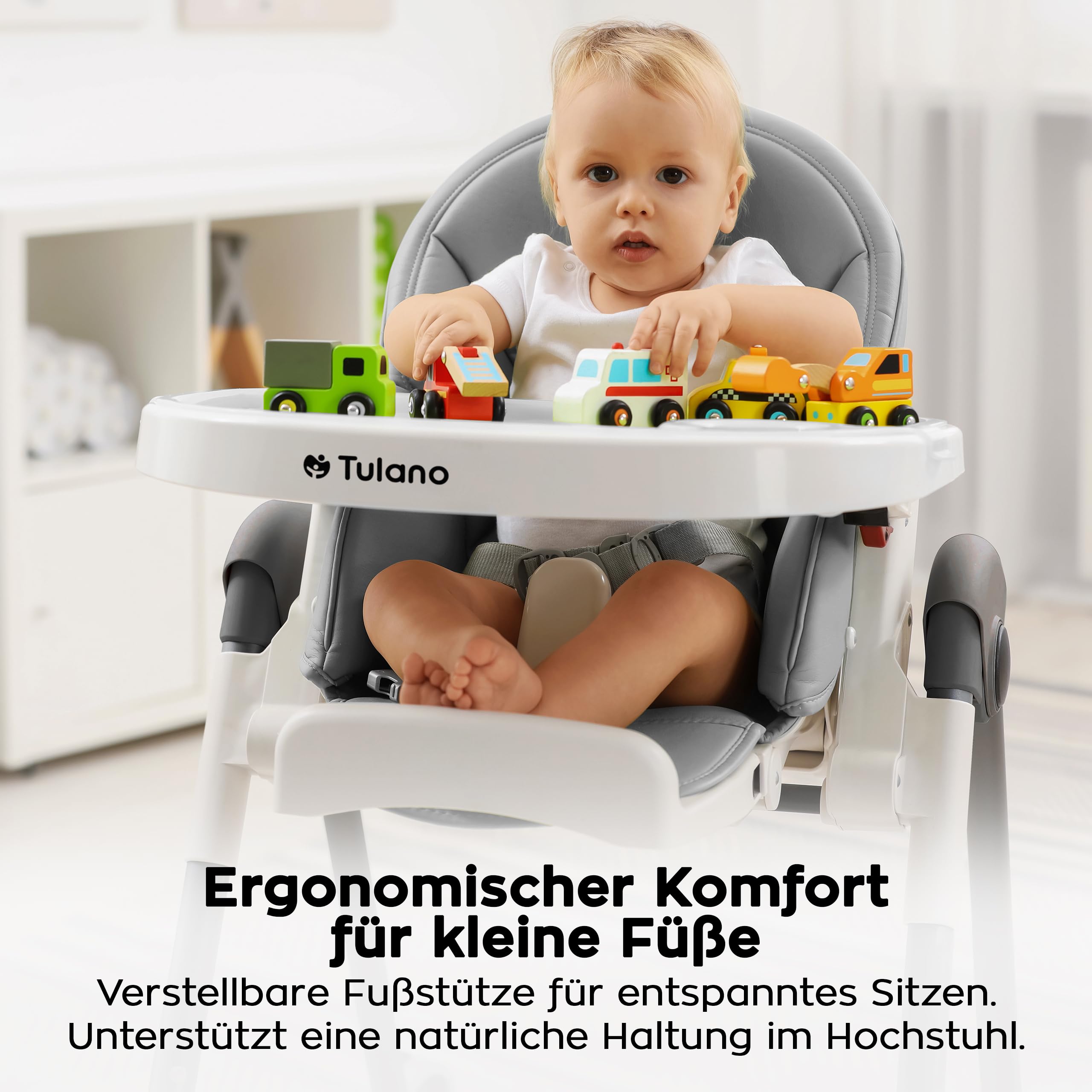 Tulano Morsel 30 Hochstuhl Baby, höhenverstellbar, klappbar, mit Tablett, 5-Punkt-Gurt, abnehmbares Tablett spülmaschinenfest, für Babys ab 6 Monate, Kinderhochstuhl Grau