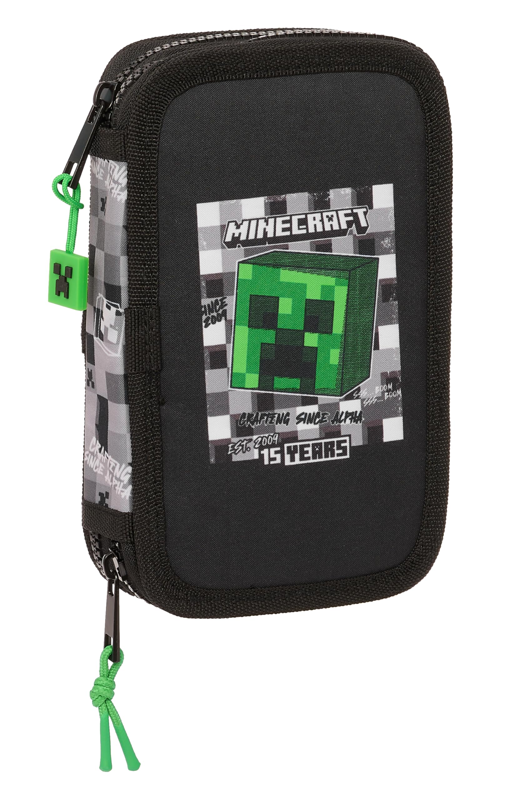 Safta Minecraft - Estuche Escolar Niño, Estuche con Colores, con 28 Útiles Incluidos, Ideal para Niños de 5 a 14 Años, Cómodo y Versátil, Calidad y Resistencia, 12.5x4x19.5 cm, Color Negro/Gris/Verde