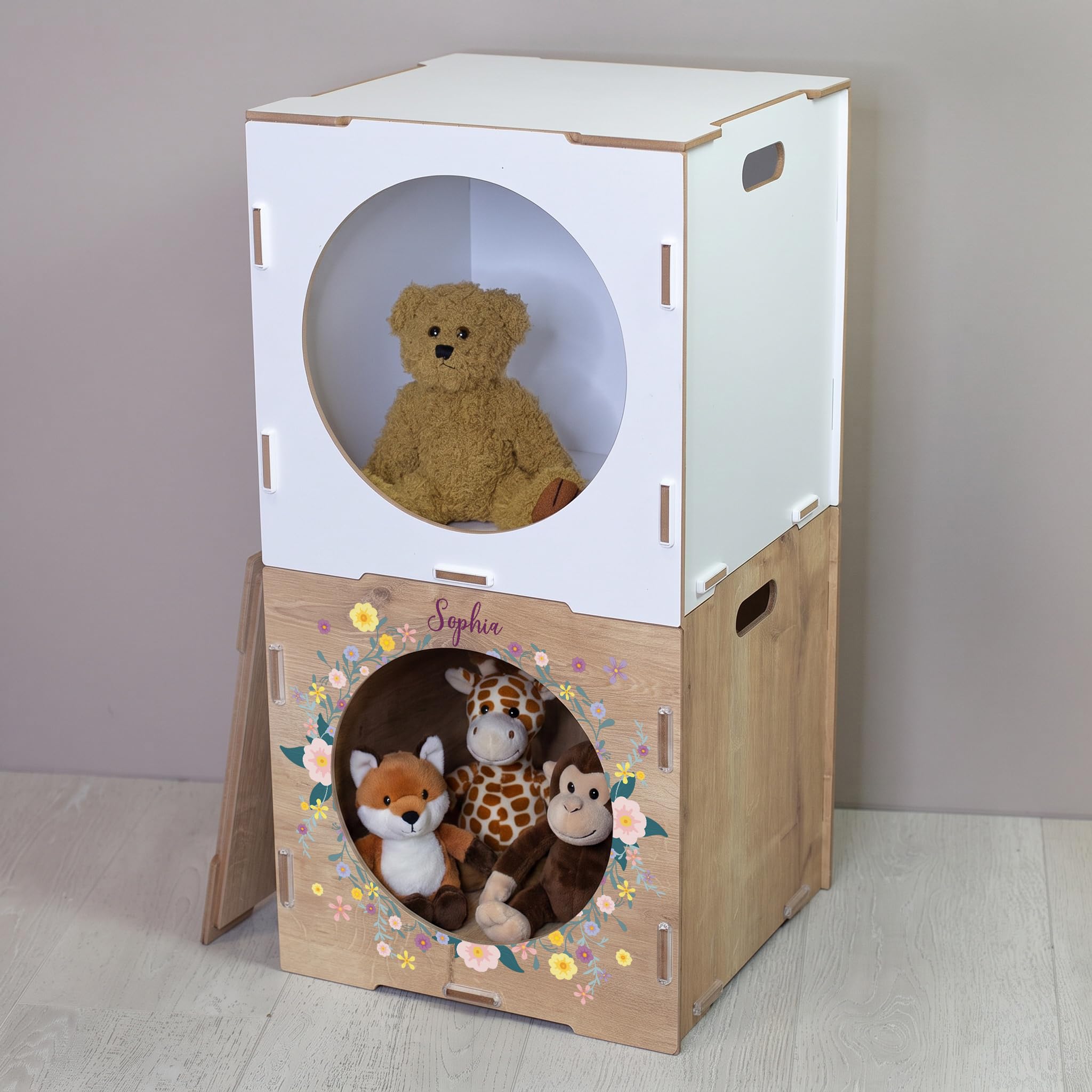 Herz & Heim® Regal Einsatz für Kallax personalisiert mit Name – Aufbewahrungsbox aus Holz – Regaleinsatz mit Blumen Aufdruck für Aufbewahrung – Geschenk für Kinder, Familie, Freunde (Weiß)
