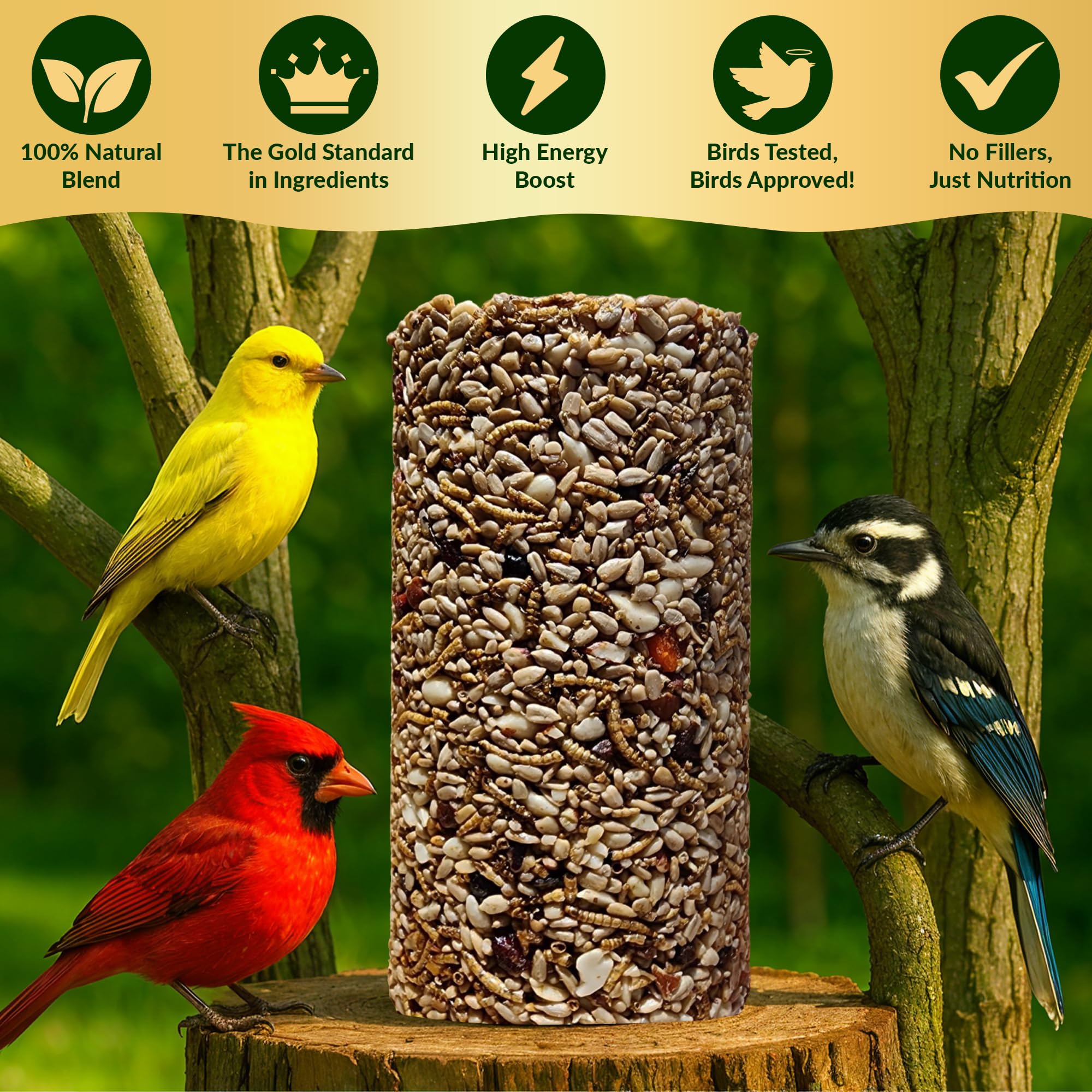 Cilindro de semillas de pájaros con agujero, frutos secos y bayas, alimento para pájaros carpinteros, Blue Jays, trepadores y más, mezcla natural rica en proteínas de alta calidad, sin rellenos