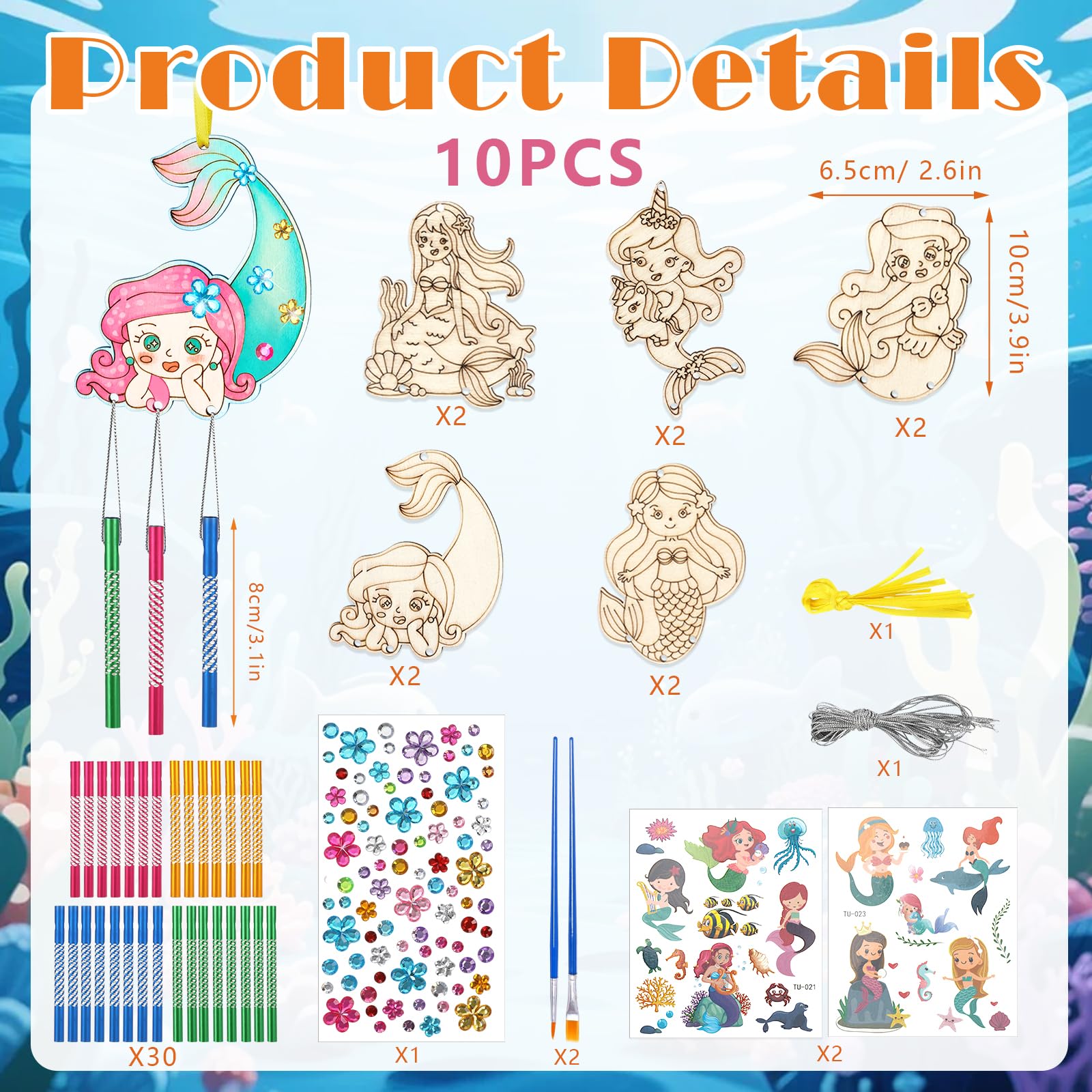 SRIZIAN 10piezas Sirena Manualidades para Niñas Kit de Manualidades de Campanillas de Viento de Madera de Sirena Regalos Manualidades Decoración para Fiestas Puertas y Jardines Bricolaje