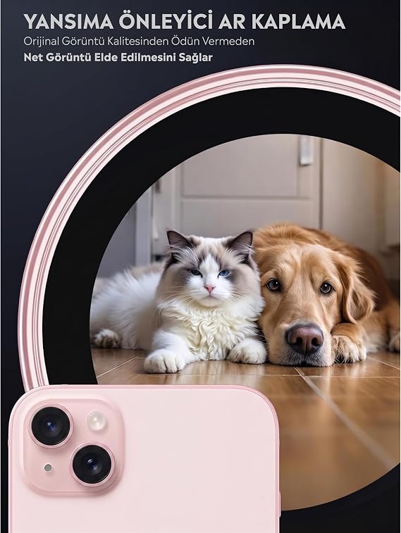 Babilden iPhone 15/15 Plus İle Uyumlu Kamera Lens Koruyucu Alüminyum Alaşım Çerçeveli Telefon Lensi Temperli Cam Koruma (Pembe)